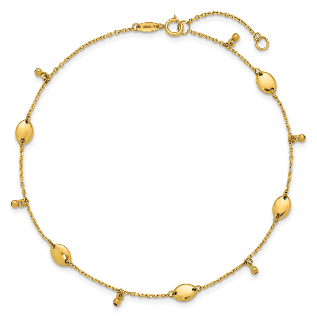 14K Oval and Bead Dangle 9 inch Plus 1 inch Extender - Total 10 inch Anklet