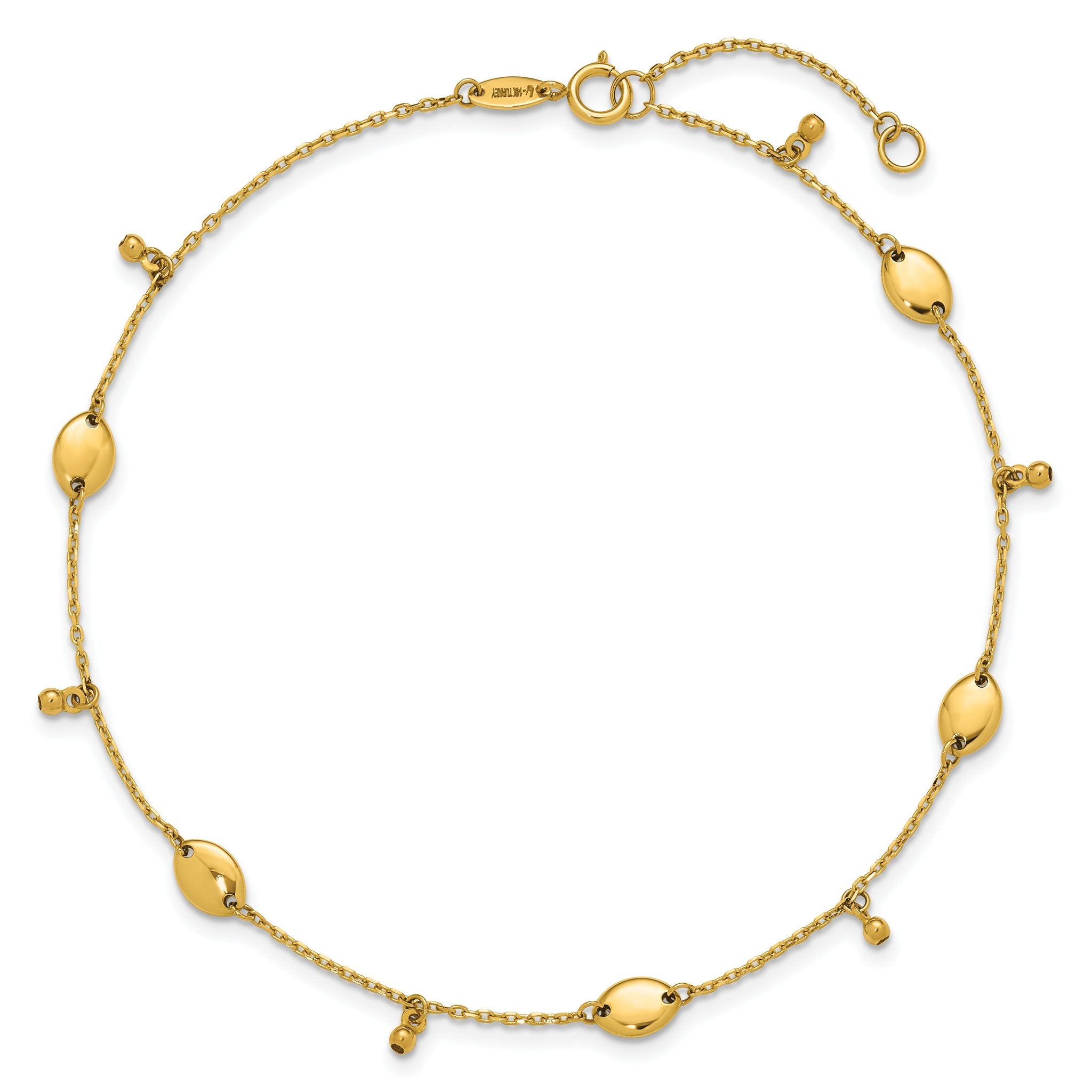 14K Oval and Bead Dangle 9 inch Plus 1 inch Extender - Total 10 inch Anklet