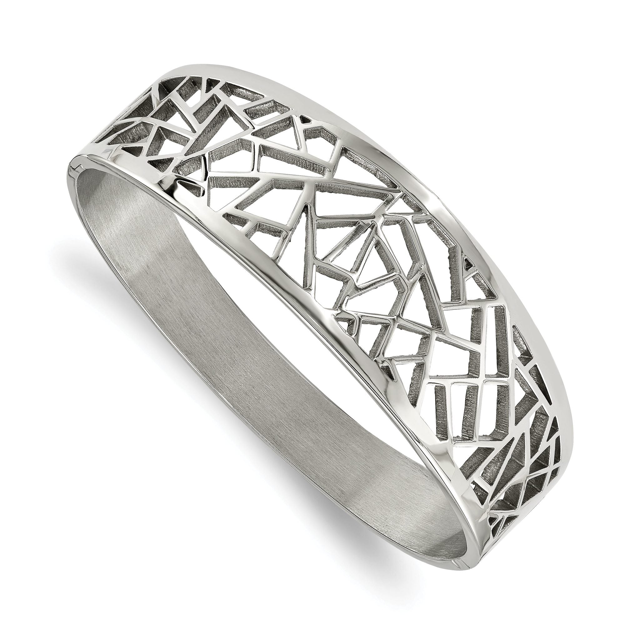 Stainless Steel Polished Geometric Cut-out Hinged Bangle Bracelet for Women
