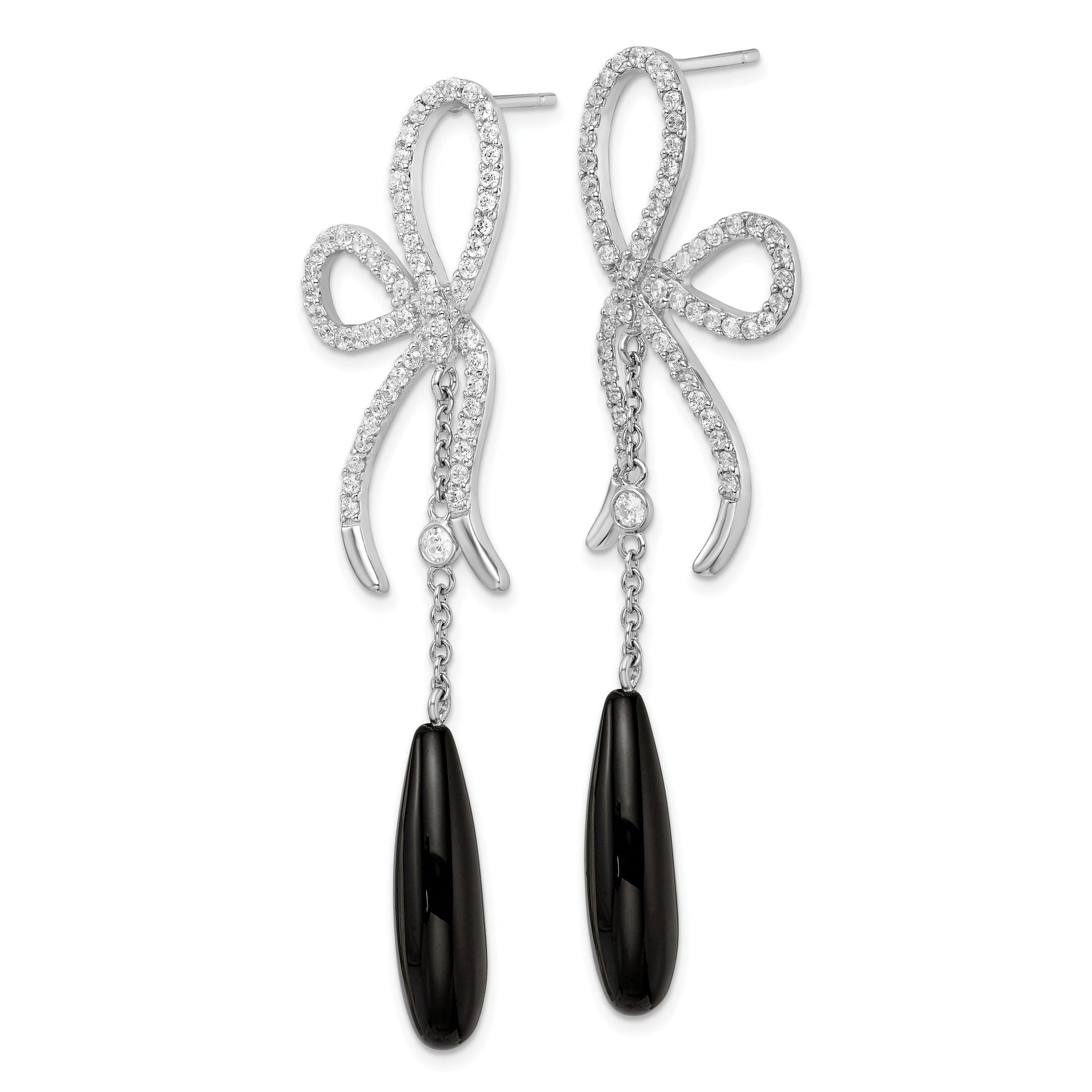 Cheryl M Sterling Silver Rhodium-plated Polished Fancy Onyx and CZ Bow Post Dangle Earrings Secondary image