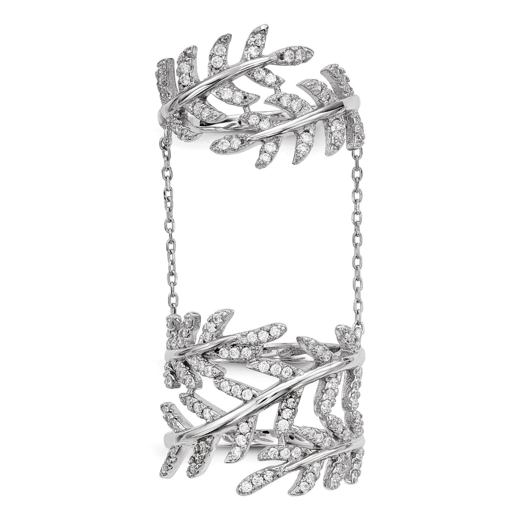 Sterling Silver Rhodium-Plated Cubic Zirconi Leaf with Extender Ring