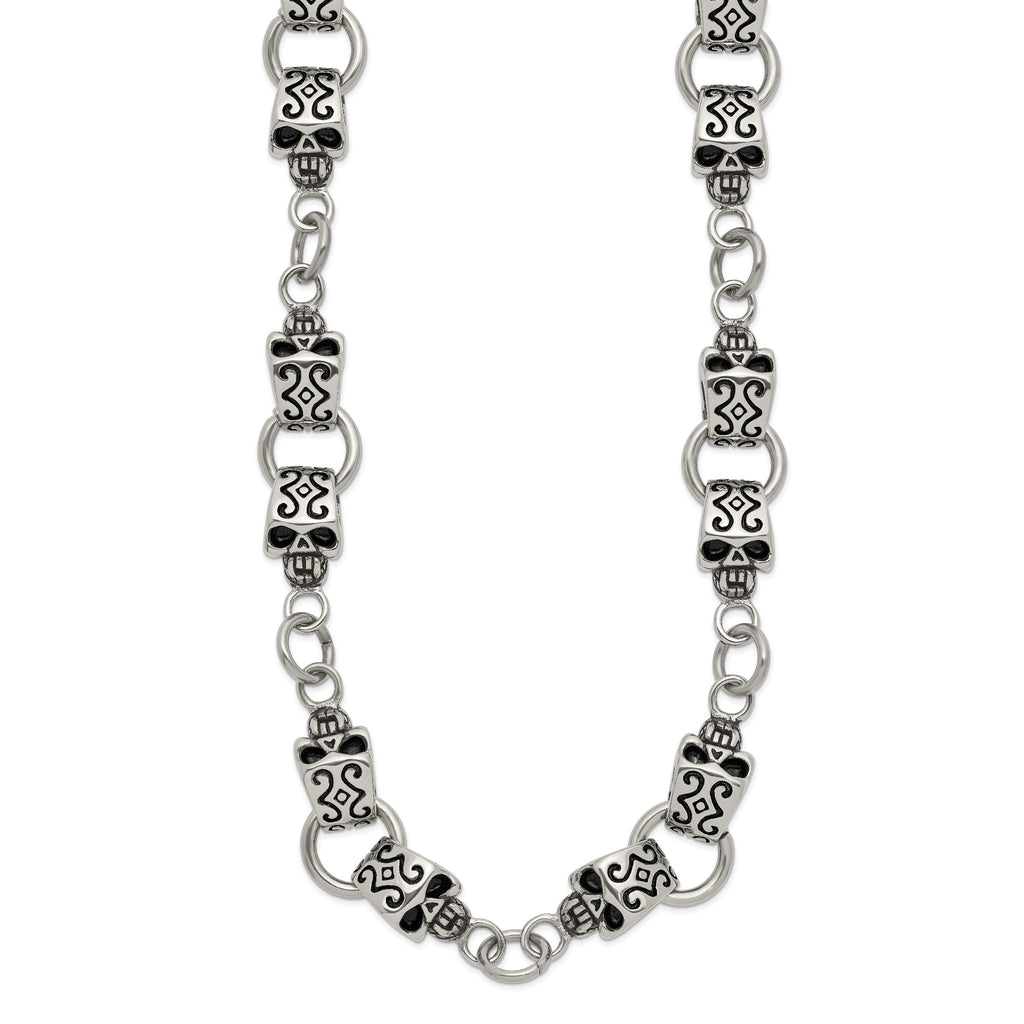 Chisel Stainless Steel Antiqued and Polished Skull 24 inch Necklace