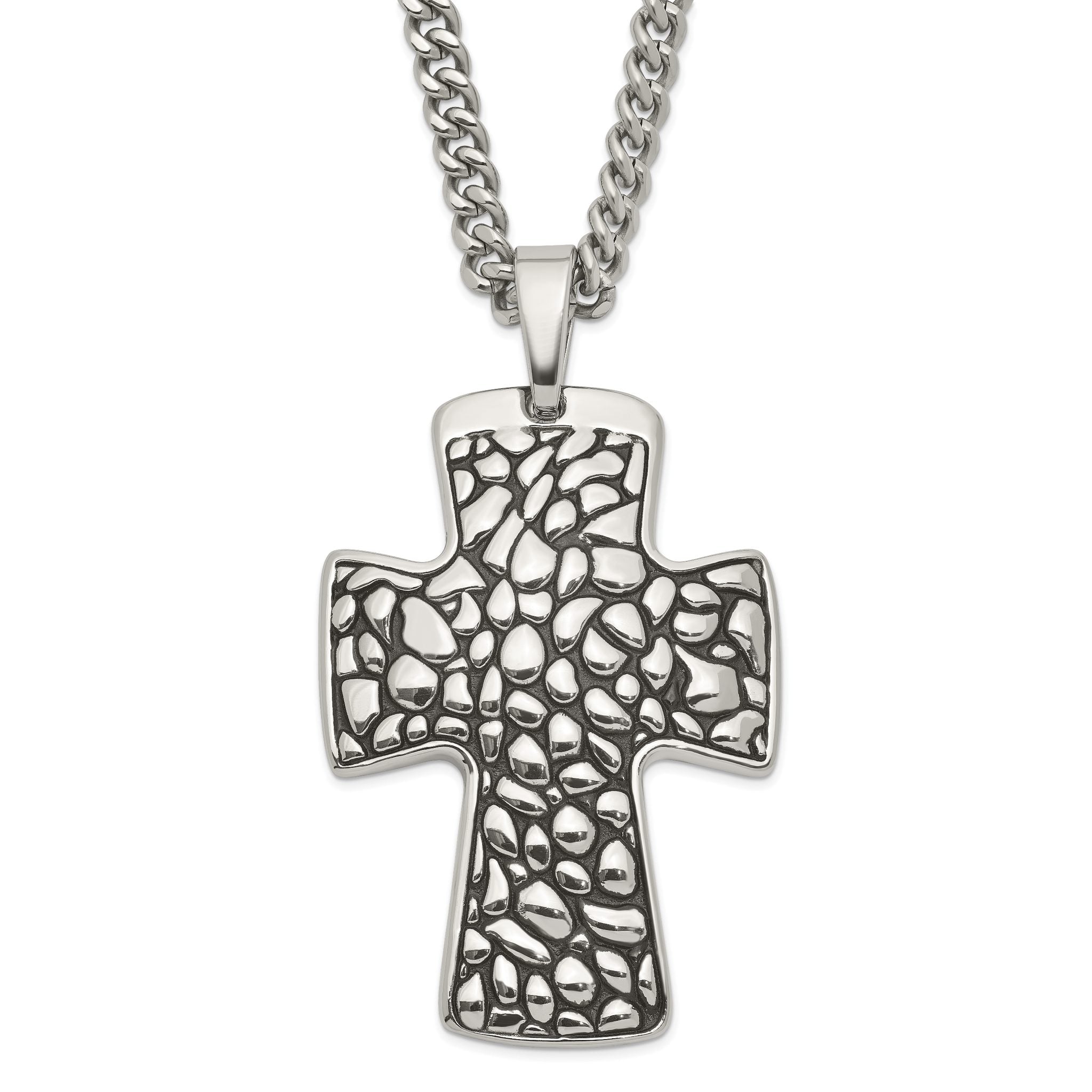 Stainless Steel Black Enamel Pebble Textured Cross Pendant Necklace Main image