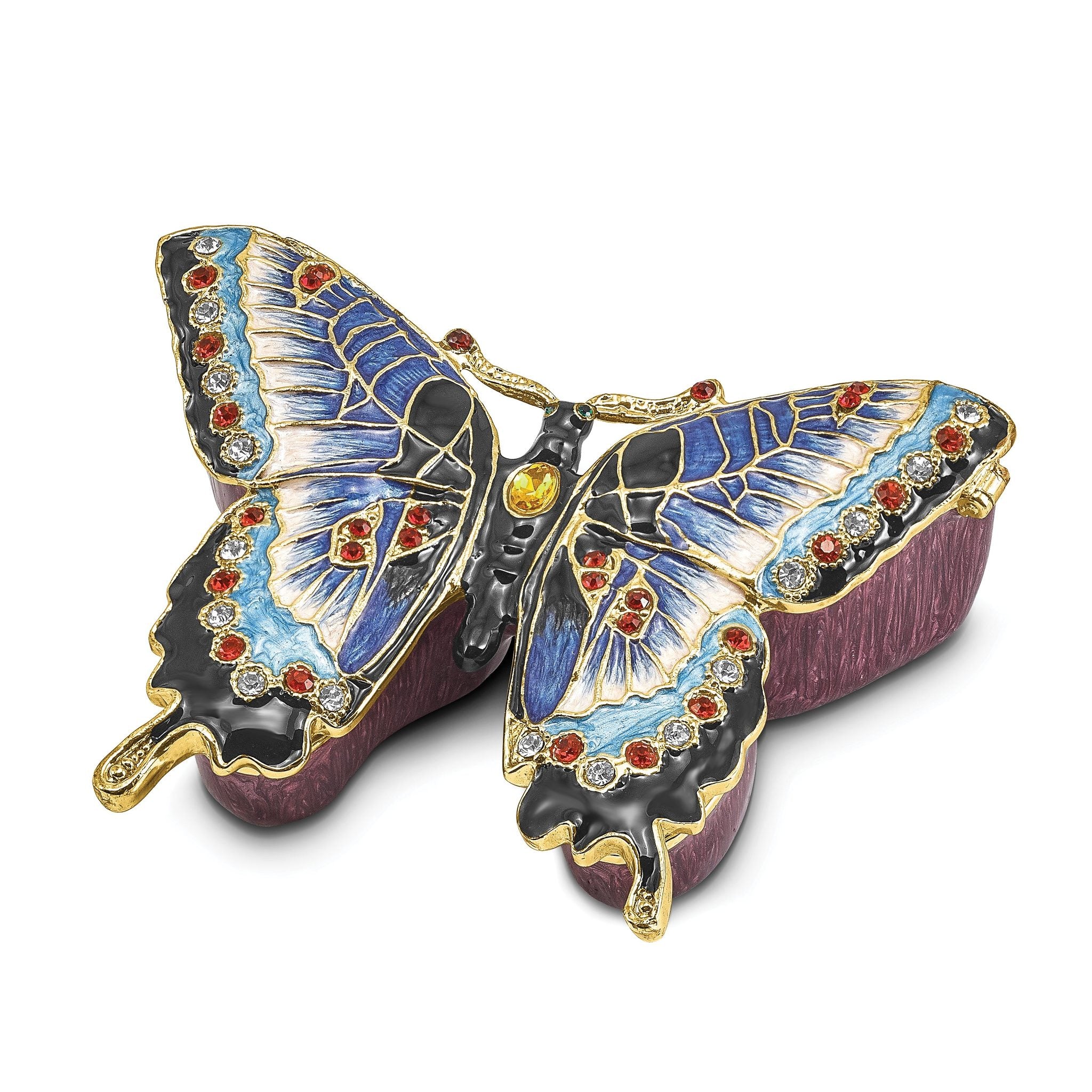 Luxury Giftware Pewter Bejeweled Crystals Gold-tone Enameled JEANNIE Blue Butterfly Trinket Box with Matching 18 Inch Necklace Main image