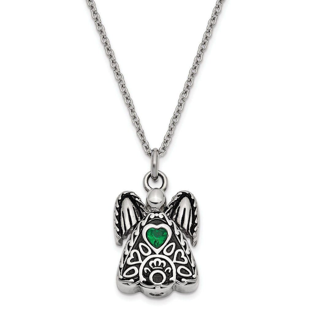Sentimental Expressions Stainless Steel Green CZ May Birthstone Antiqued Angel Ash Holder 18 Inch Necklace
