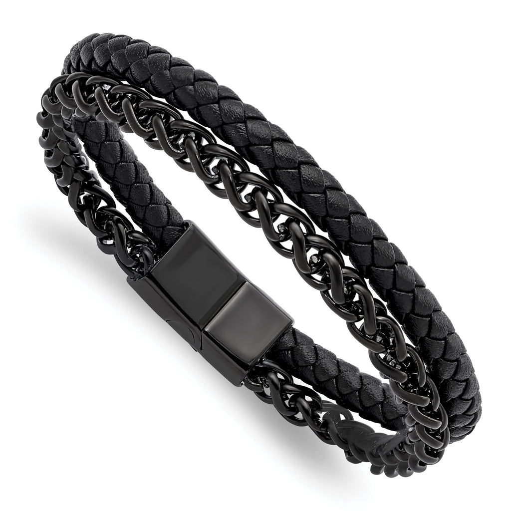 Stainless Steel Polished Black IP-plated Chain and Black Leather Bracelet for Men
