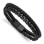 Stainless Steel Polished Black IP-plated Chain and Black Leather Bracelet for Men