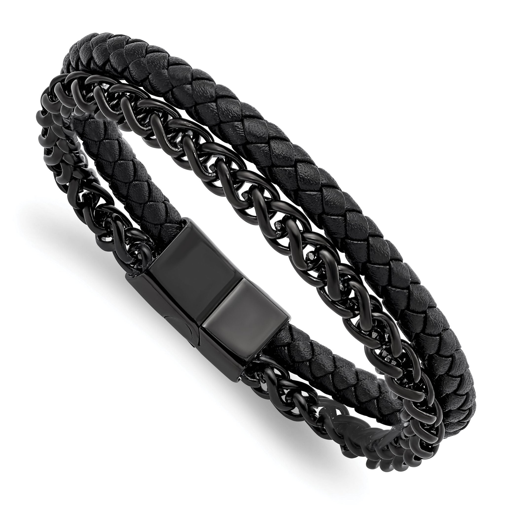 Stainless Steel Polished Black IP-plated Chain and Black Leather Bracelet for Men