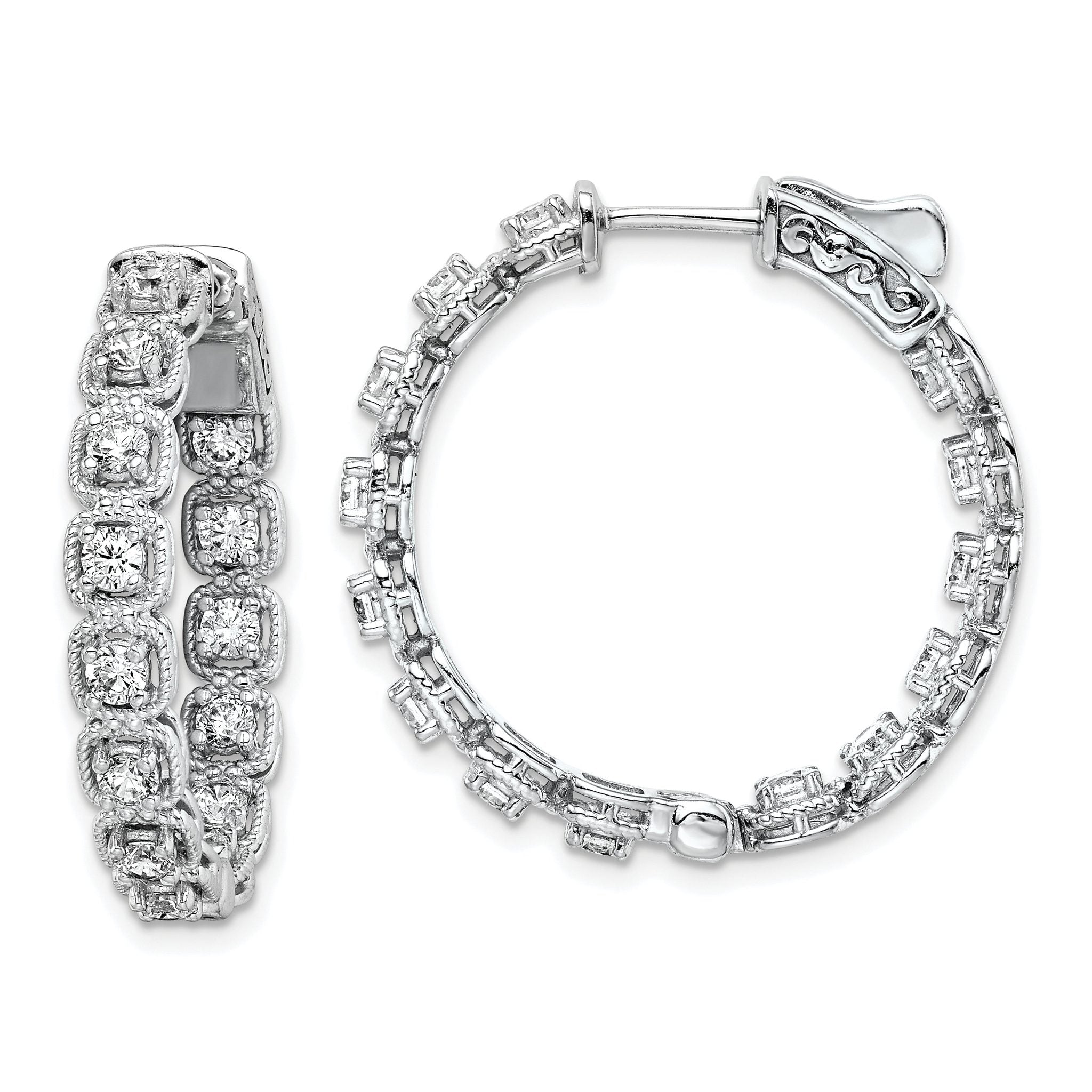 Sterling Shimmer Sterling Silver Rhodium-plated 28 Stone 2.5mm CZ In and Out Round Hinged Hoop Earrings Main image