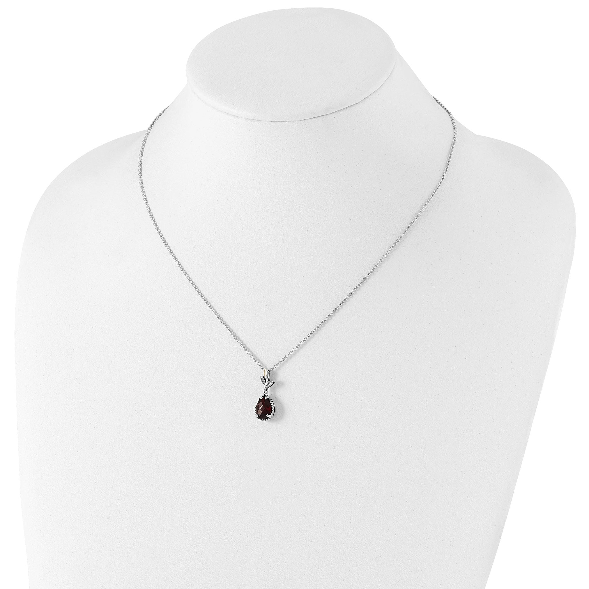 Shey Couture Sterling Silver with 14K Accent 18 Inch Antiqued Leaves with Pear Shaped Checkerboard Garnet Necklace with 2 Inch Extender