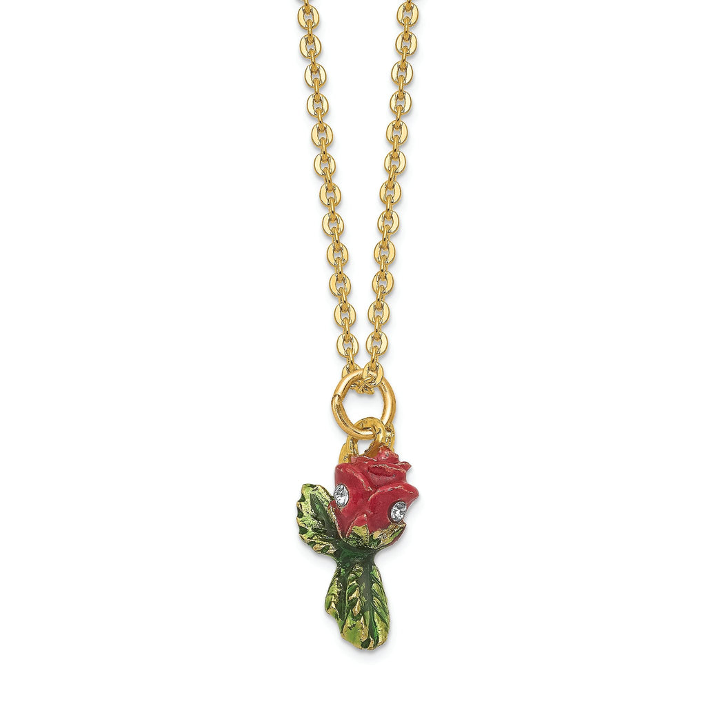 Luxury Giftware by Jere Pewter Bejeweled Crystals Gold-tone Enameled ROSETTE Rose With Ring Pad Trinket Box with Matching 18 Inch Necklace
