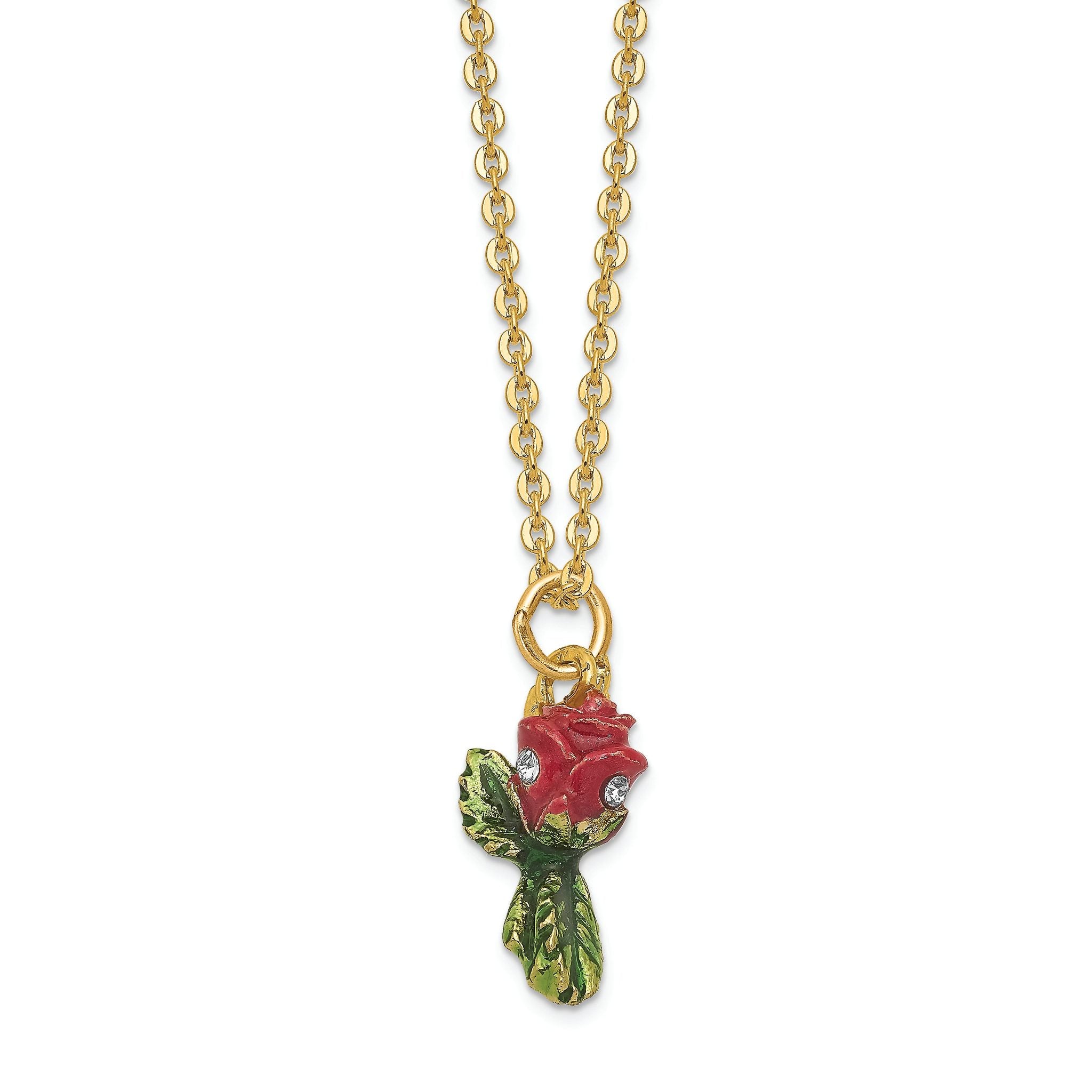 Luxury Giftware by Jere Pewter Bejeweled Crystals Gold-tone Enameled ROSETTE Rose With Ring Pad Trinket Box with Matching 18 Inch Necklace