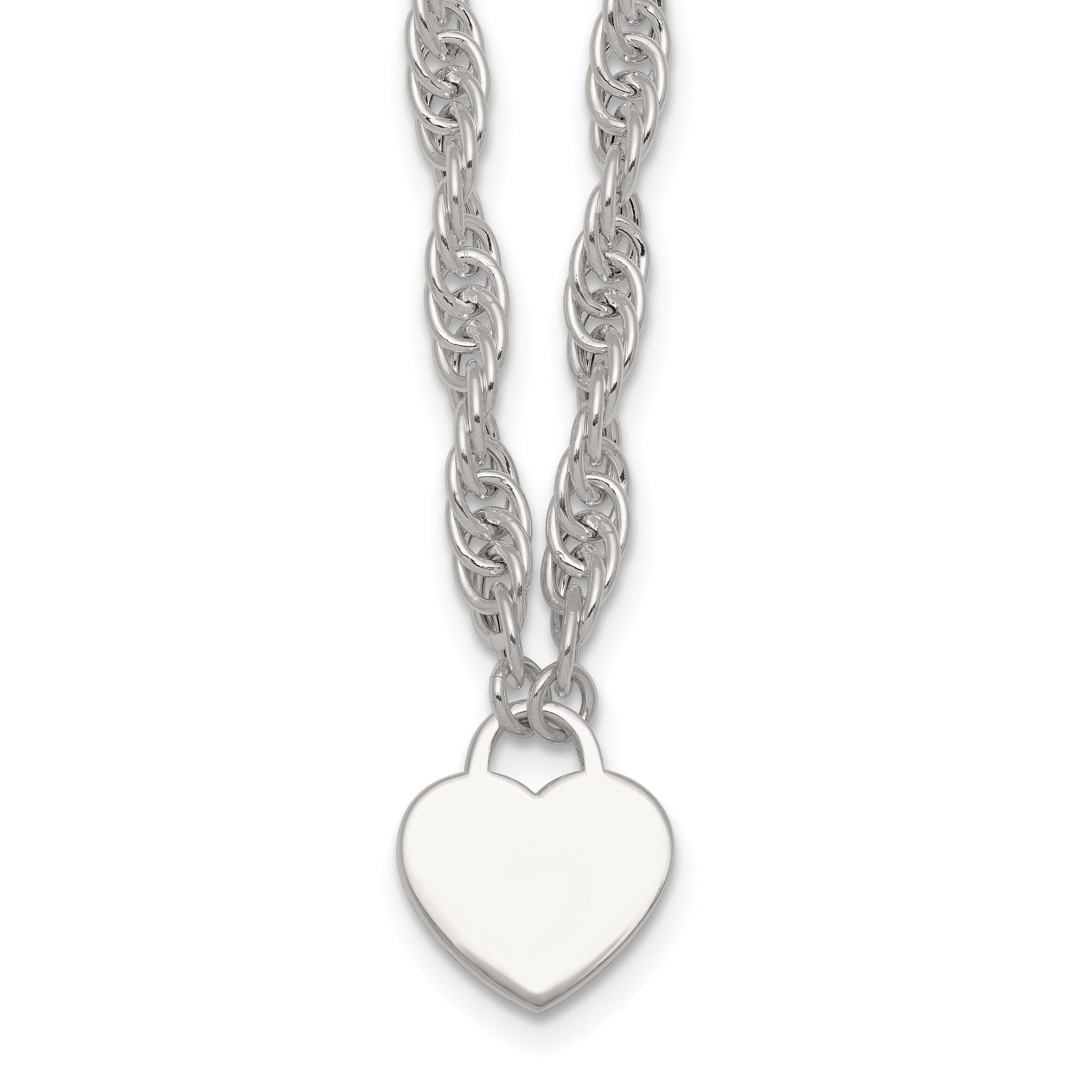 Sterling Silver Polished Fancy Engravable Heart Disc on Rope Chain 16 Inch with 2 Inch Extension Necklace Main image