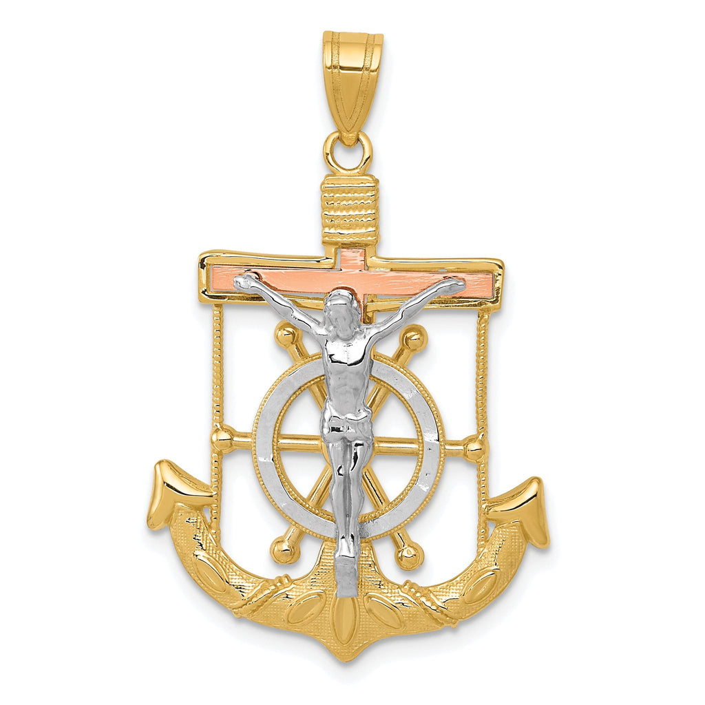 14K Tri-Color Gold Mariner's Cross Pendant with Diamond-Cut Textured Finish