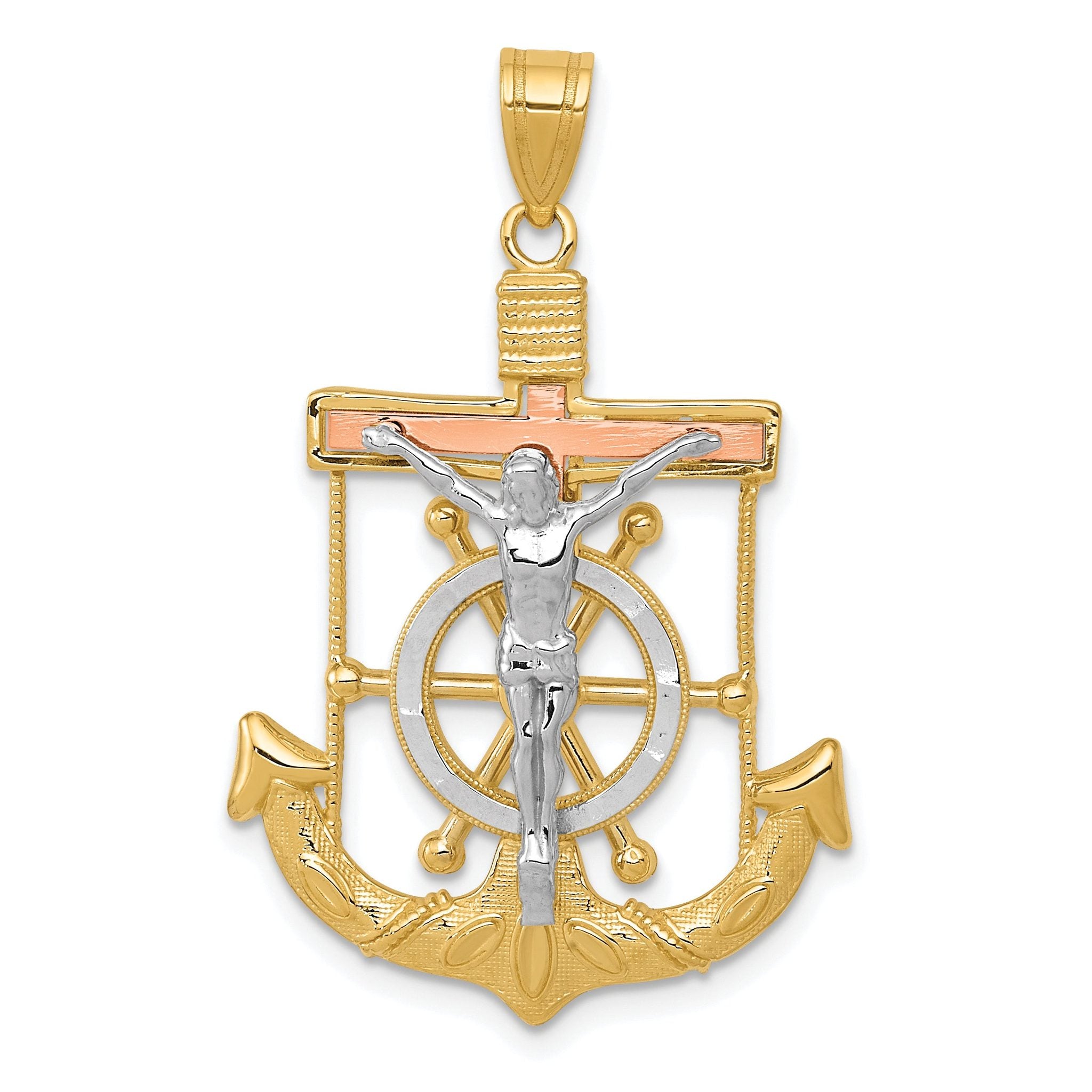 14K Tri-Color Gold Mariner's Cross Pendant with Diamond-Cut Textured Finish