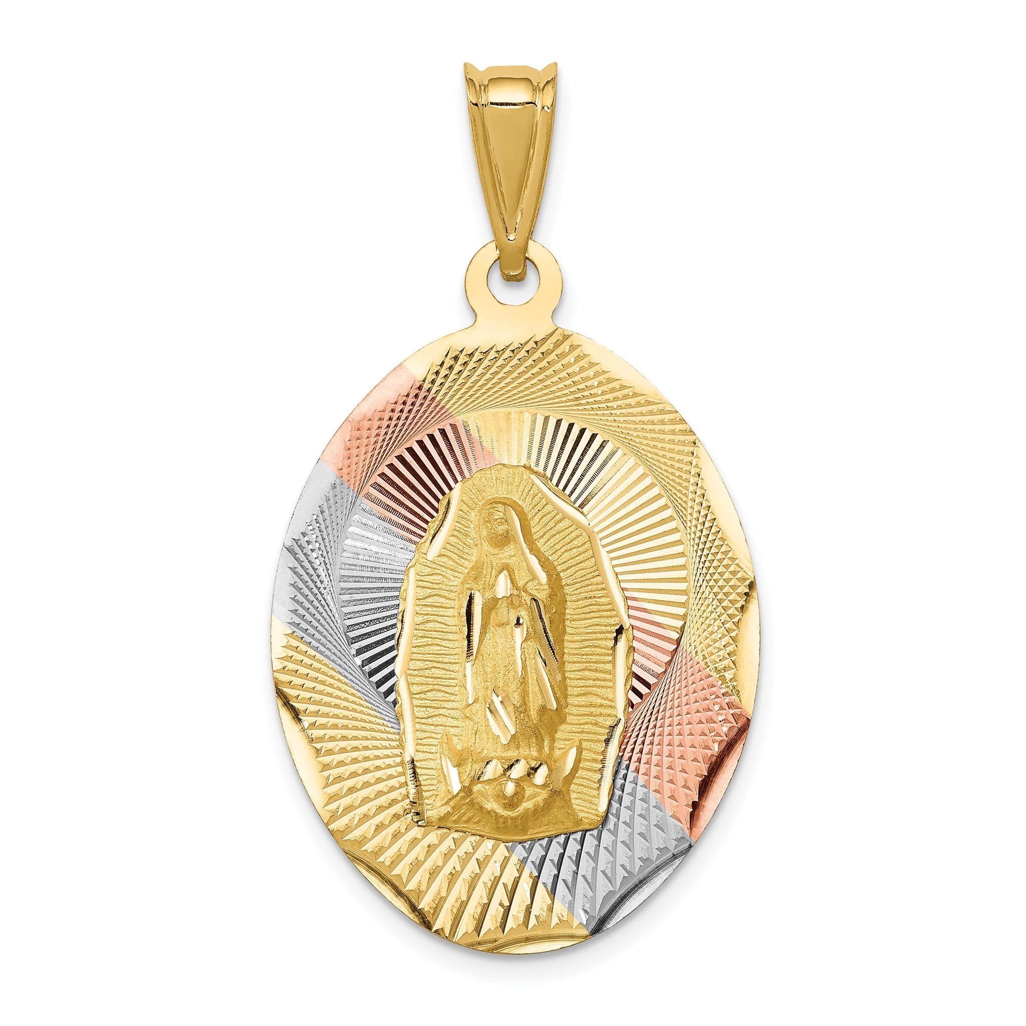 14K Gold & Rhodium Lady of Guadalupe Pendant with Diamond-Cut Detailing, Polished Finish