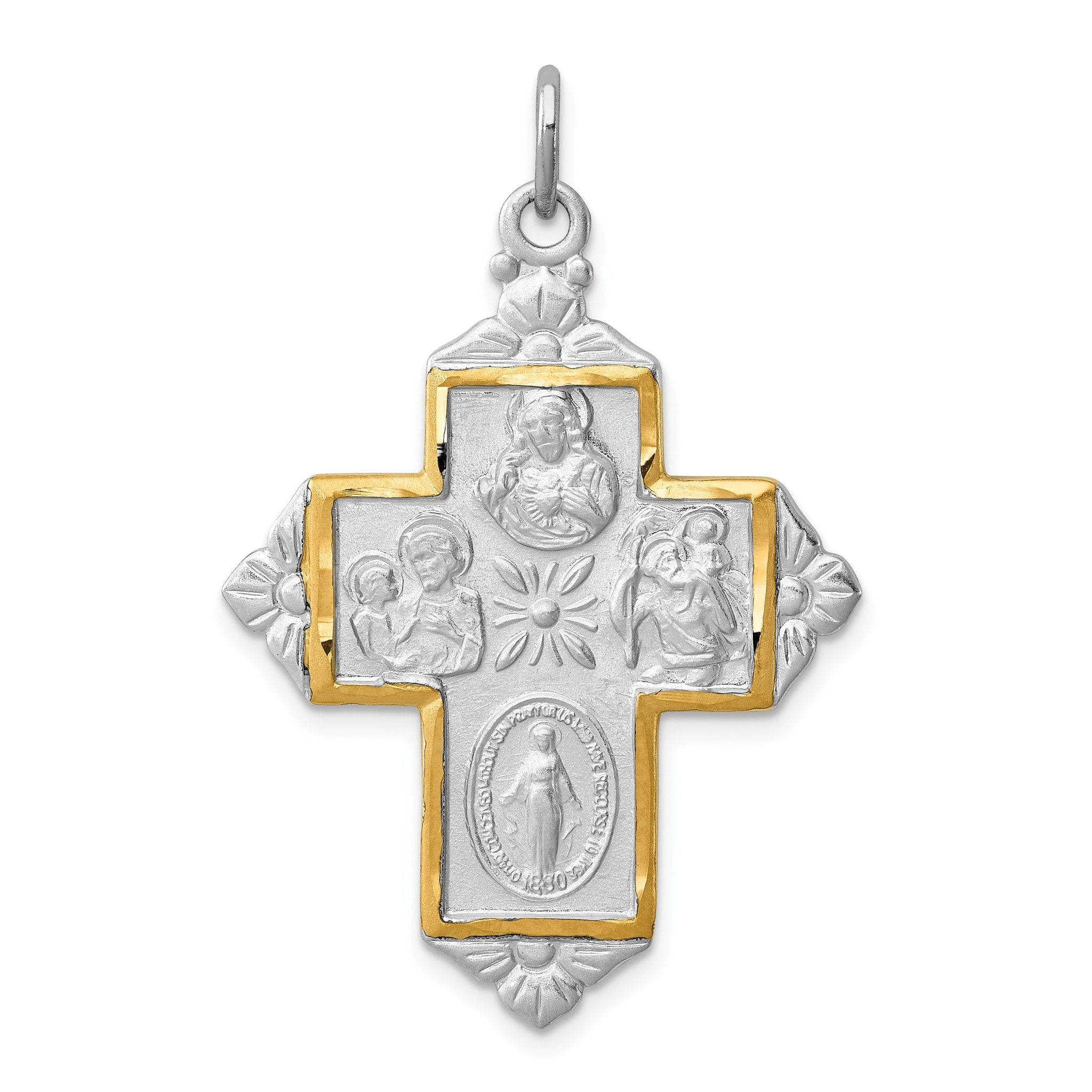 Sterling Silver 925 Two-Tone 4-Way Medal Cross Pendant with Polished Finish Main image