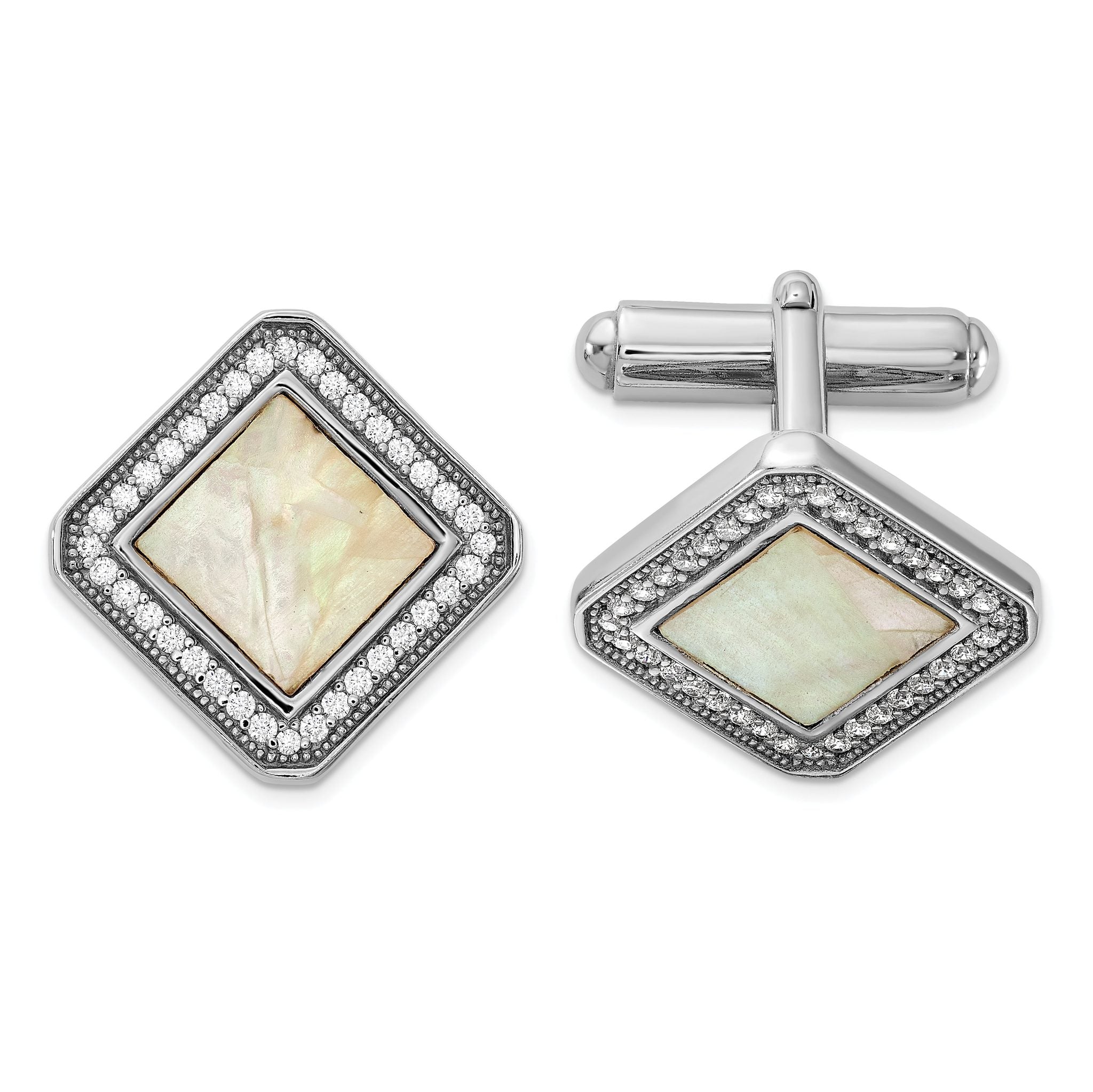 Rhodium-Plated Sterling Silver CZ & Mother of Pearl Cuff Links