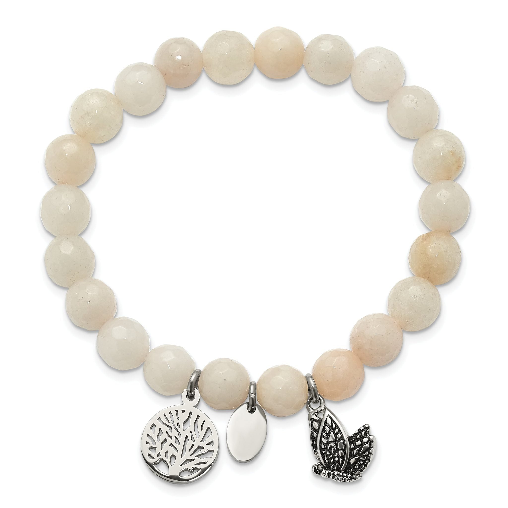 Stainless Steel Antiqued and Polished Butterfly and Tree of Life 8mm White Jade Beaded Stretch Bracelet for Women