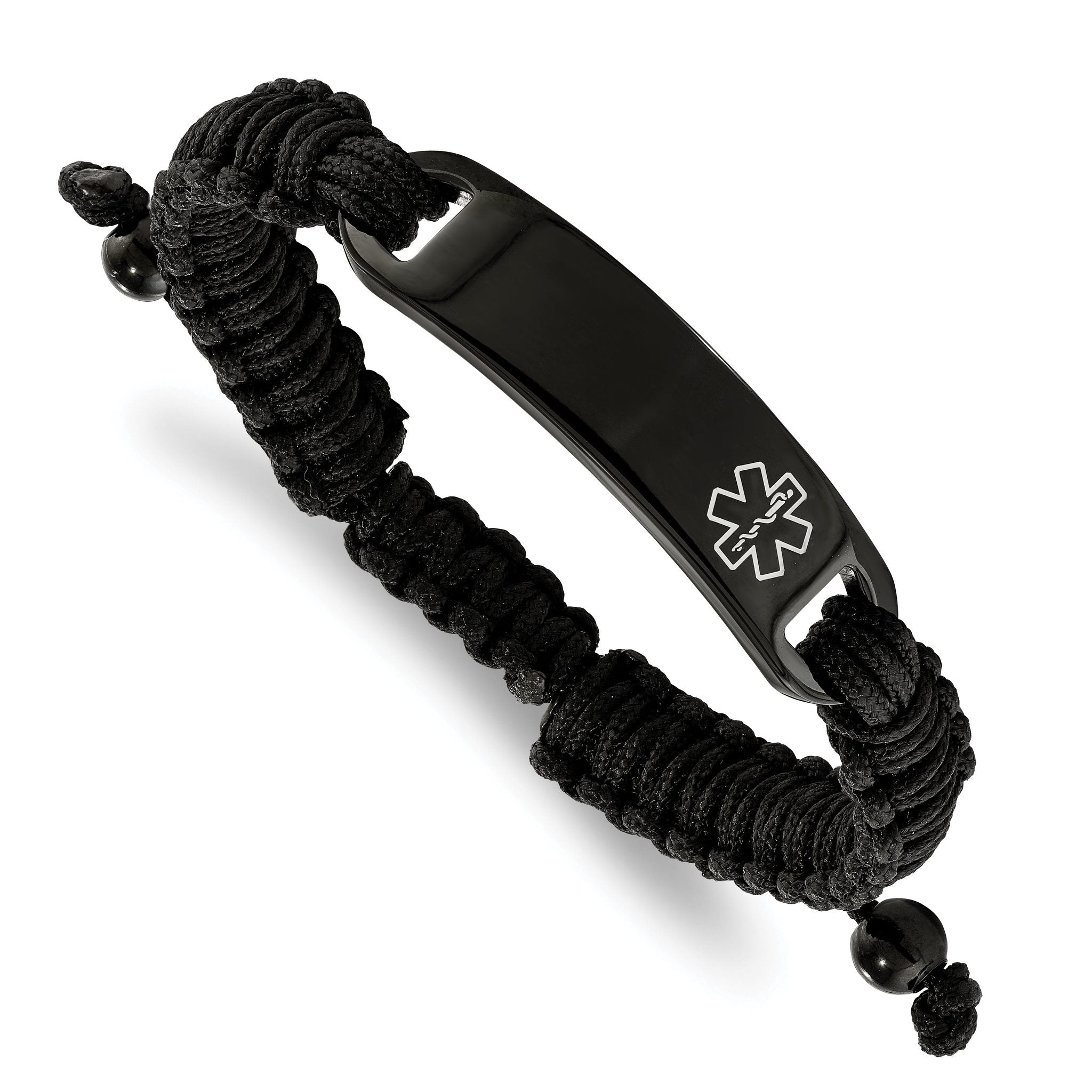 Stainless Steel Polished Black IP-plated with White Enamel Black Nylon Adjustable Medical ID Bracelet