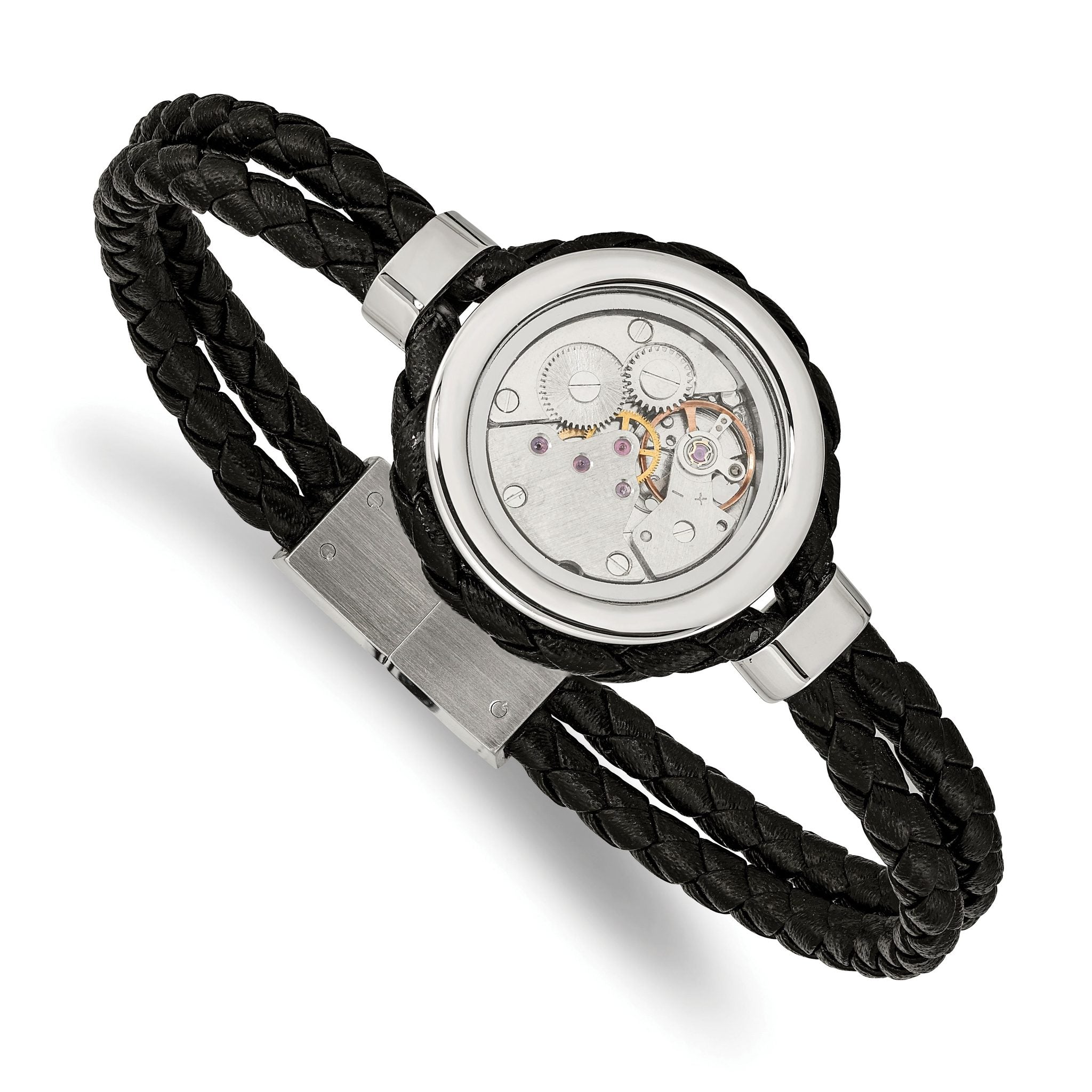 Stainless Steel Brushed and Polished Yellow IP-palted with Cubic Zirconia Black Braided Leather Bracelet for Men