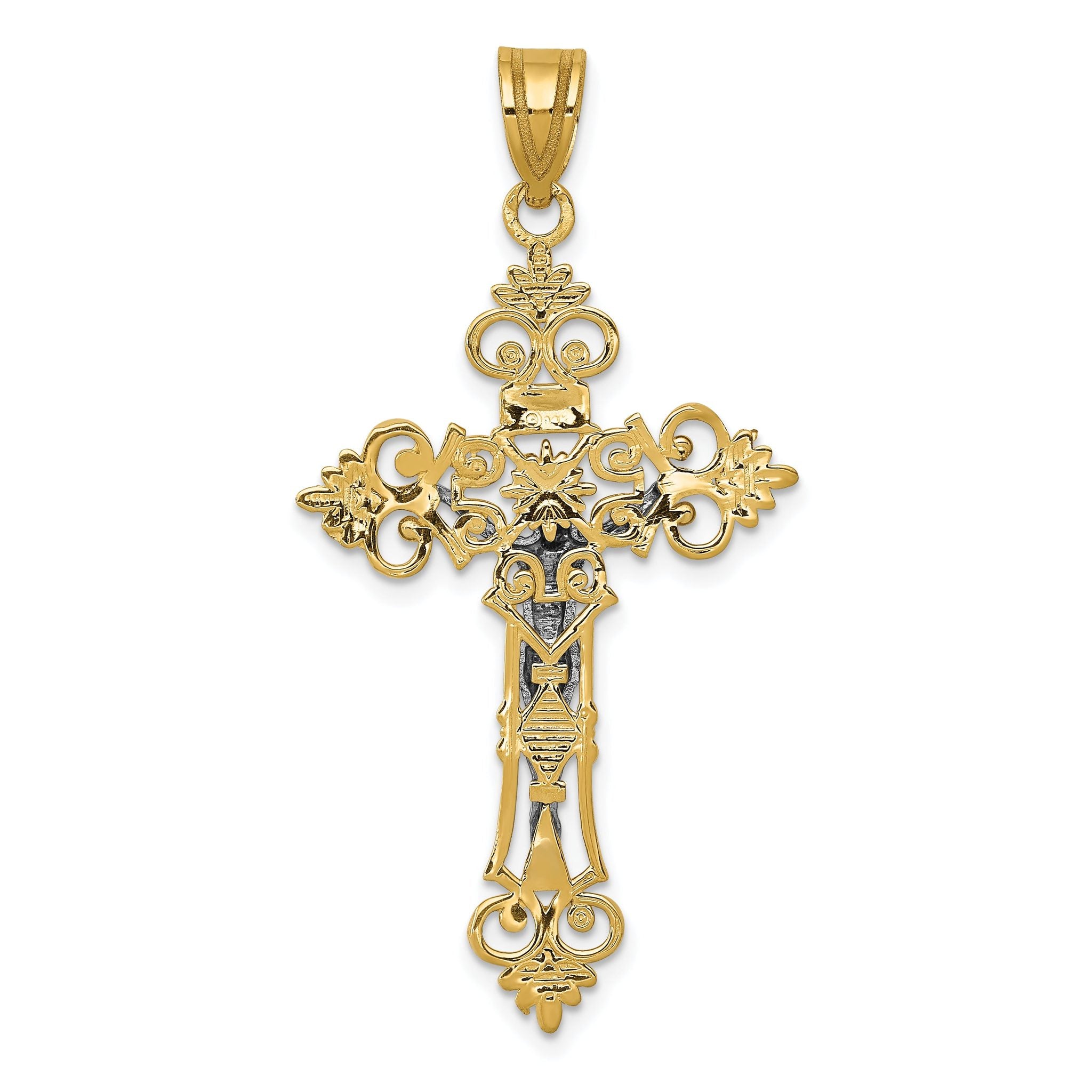 14K Two-Tone Gold Inri Crucifix Pendant with Lacy Edge  43mm Elegant Design