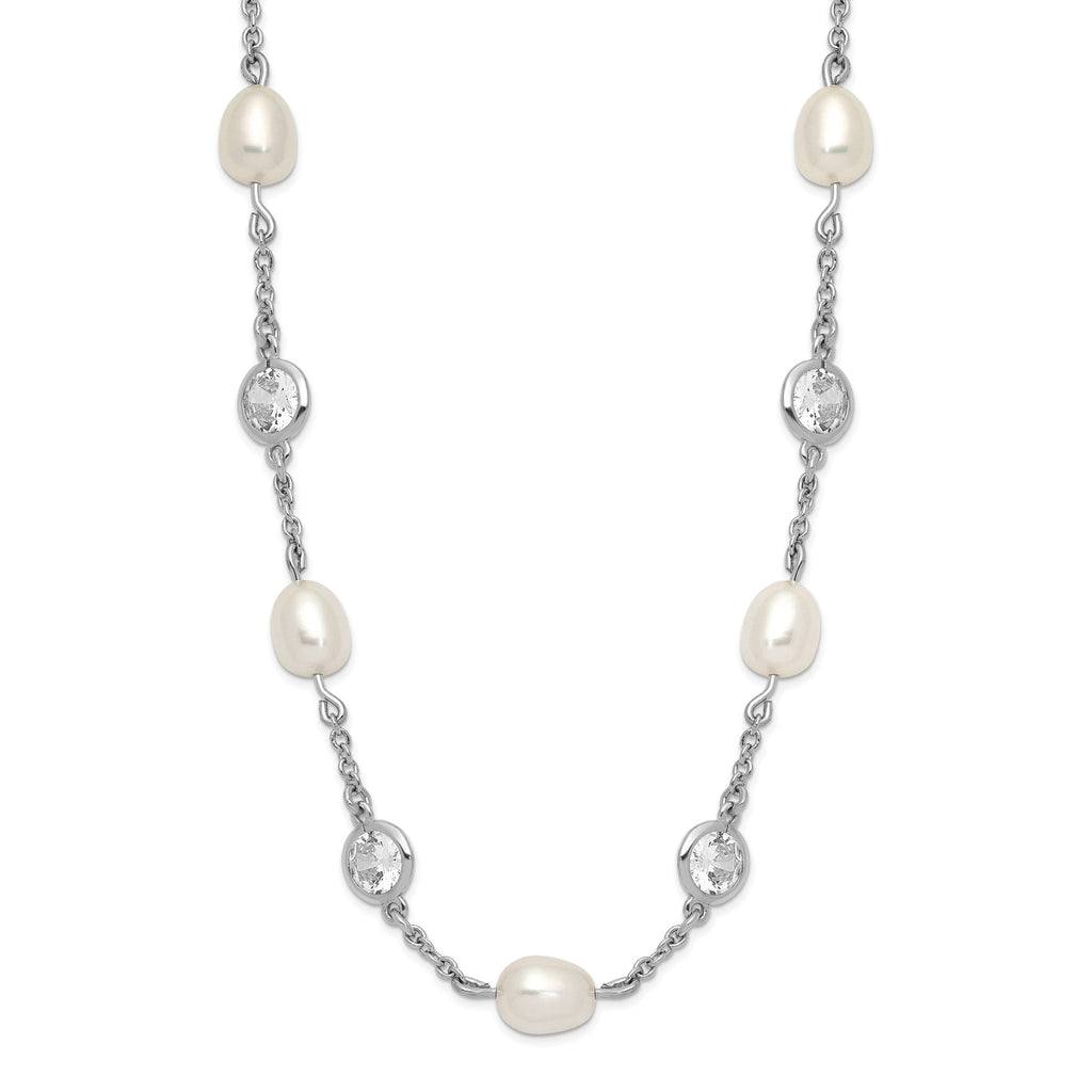 Cheryl Sterling Silver 36 Pearl CZ Necklace with Rhodium Polish