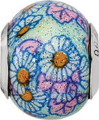 Sterling Silver 925 Blue Floral Glass Bead with Polished Overlay, Elegant Artistry