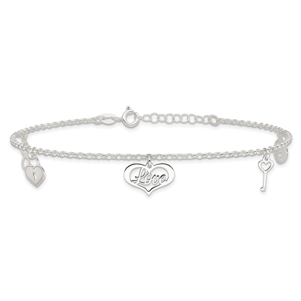 Sterling Silver Love Dangles 9 inch Plus 1 inch Extender - Total 10 inch Anklet