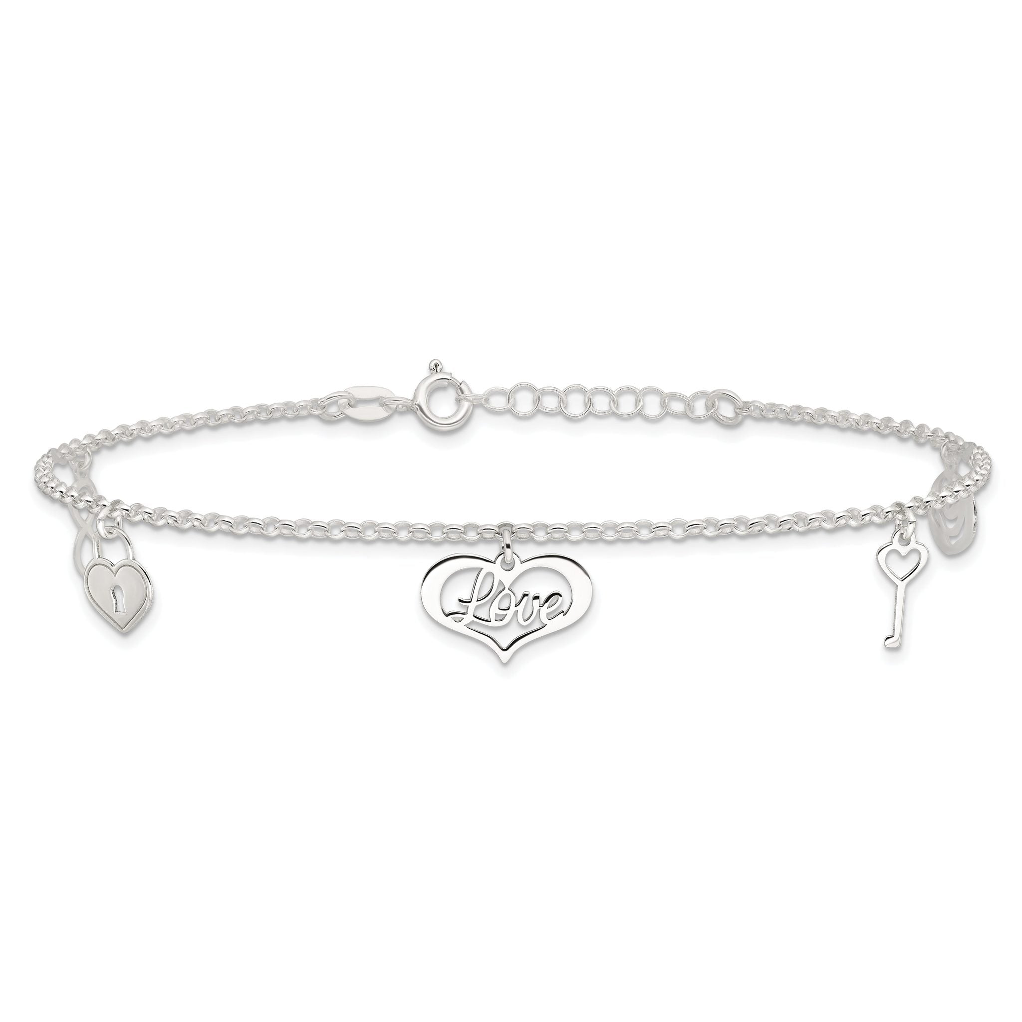 Sterling Silver Love Dangles 9 inch Plus 1 inch Extender - Total 10 inch Anklet