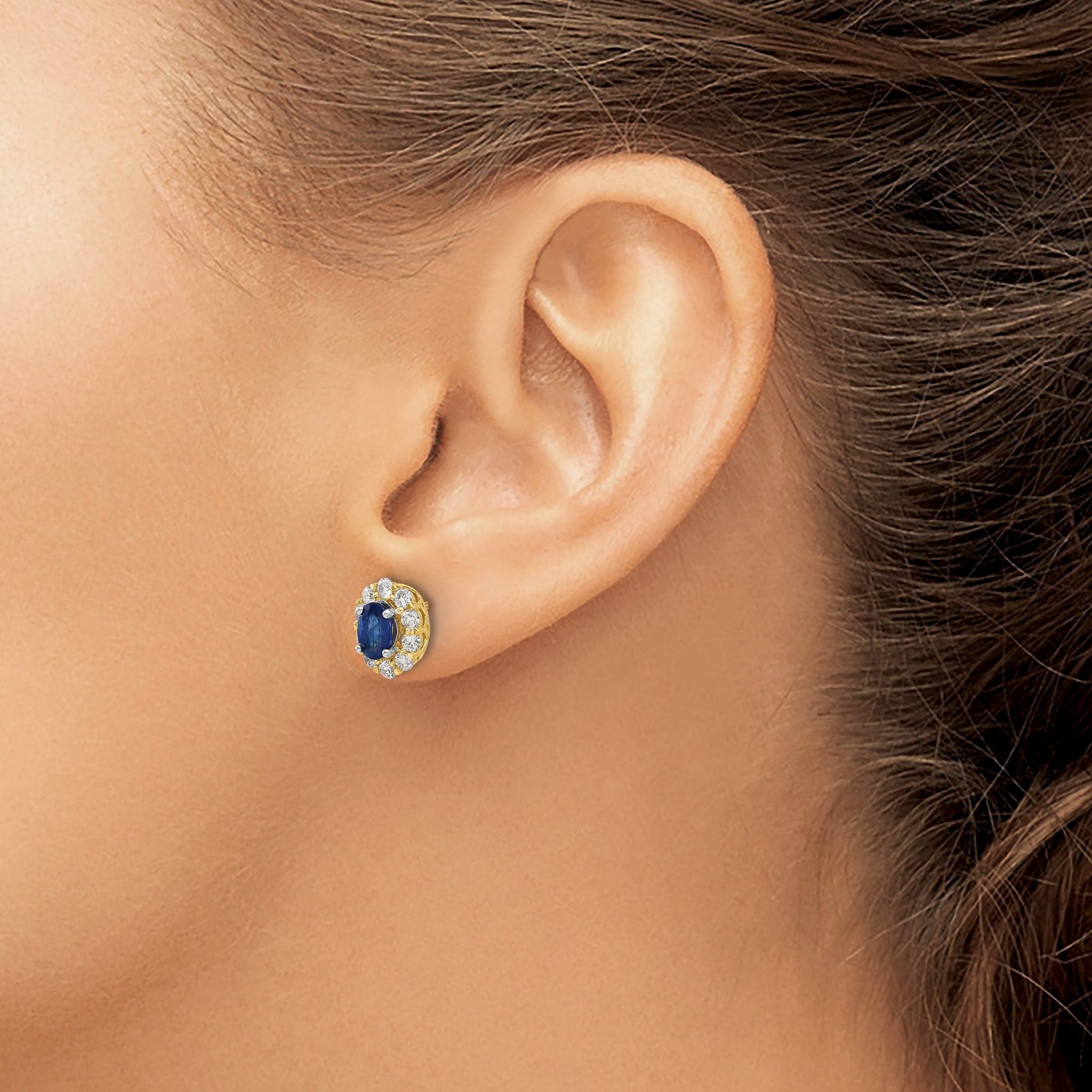 14k 5/8 carat Lab Grown Diamond VS/SI+ G+ and Oval Created Sapphire Halo Post Earrings