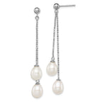 Sterling Silver Rhodium Plated 7-8mm White Freshwater Cultured Pearl Long Dangle Post Earrings