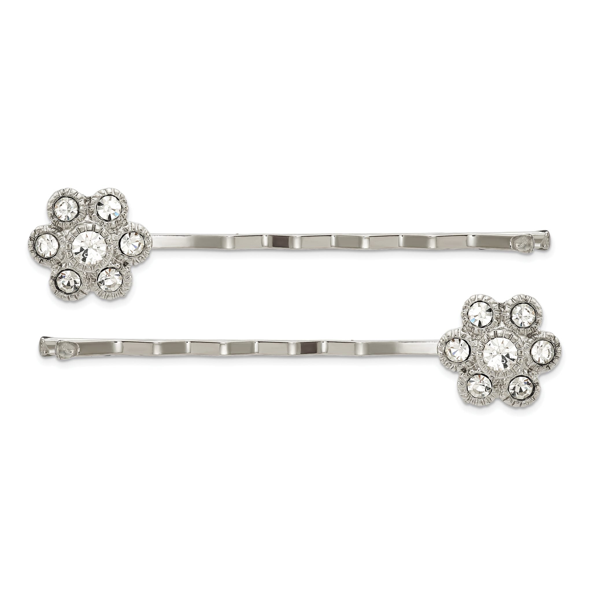 1928 Jewelry Set of 2 Silver-tone Clear Crystal Flower Hairpins Main image
