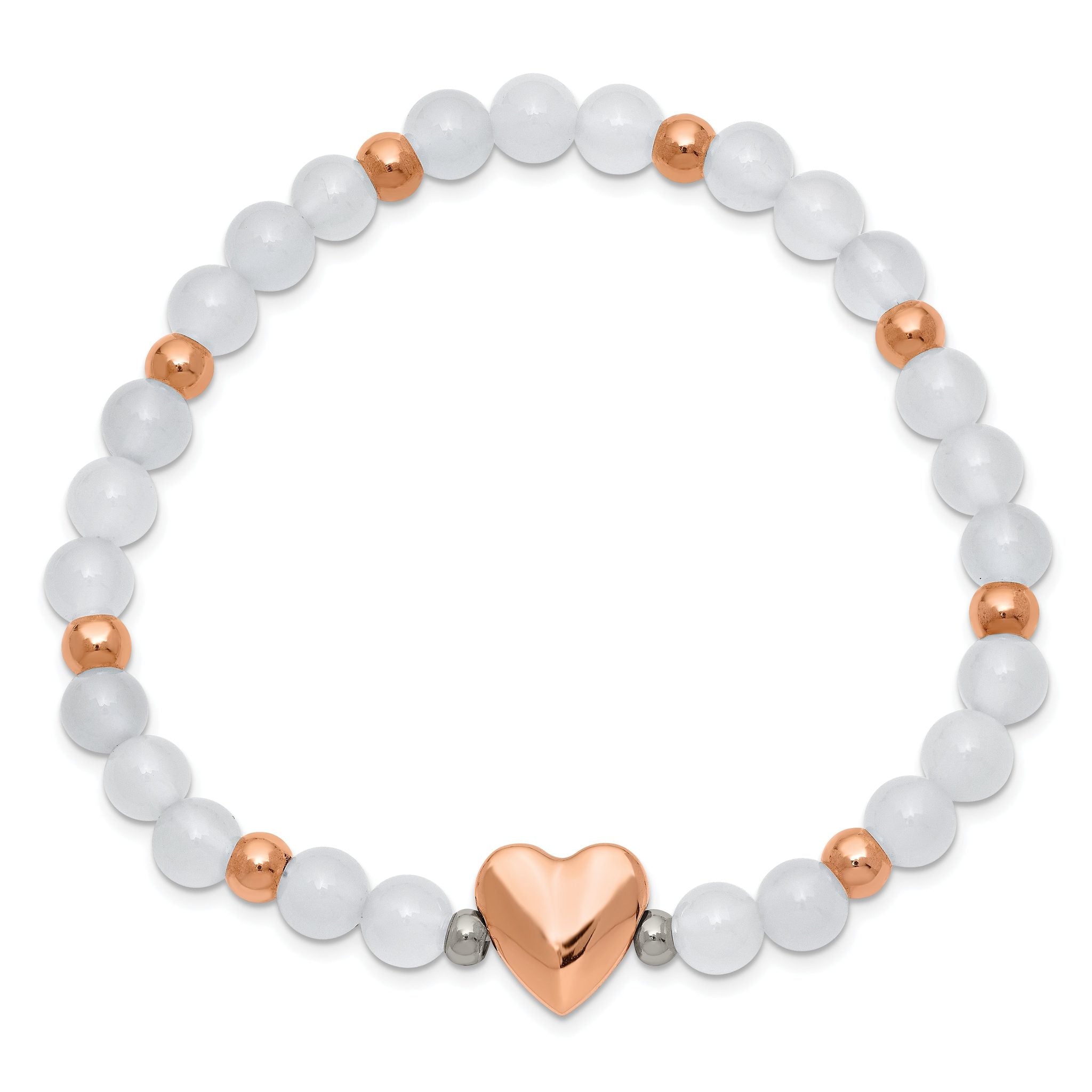 Stainless Steel Polished Rose IP-plated Heart 6mm White Agate Beaded Stretch Bracelet for Women Secondary image