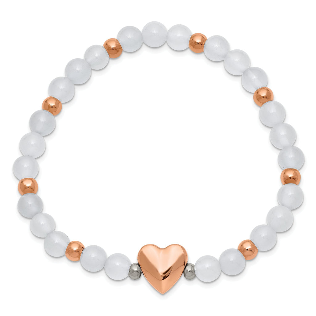 Stainless Steel Polished Rose IP-plated Heart 6mm White Agate Beaded Stretch Bracelet for Women