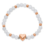 Stainless Steel Polished Rose IP-plated Heart 6mm White Agate Beaded Stretch Bracelet for Women