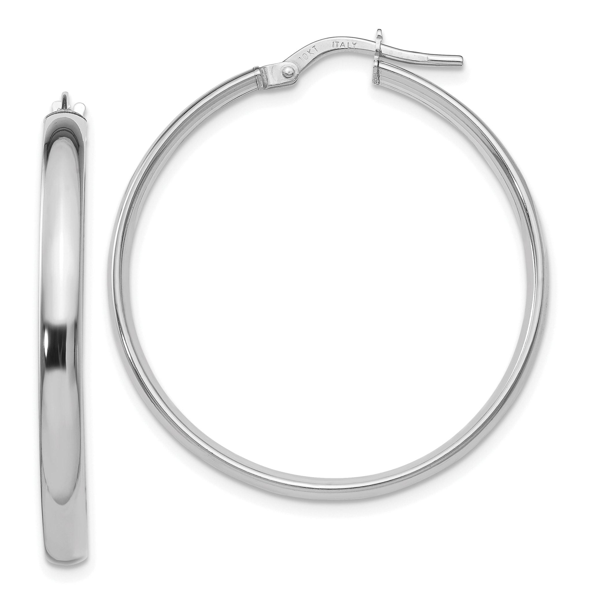 10K White Gold Polished Hoop Earrings with Rhodium Finish, Hollow Design Main image