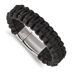 Stainless Steel Polished Flat Braided Black Leather Bracelet for Men