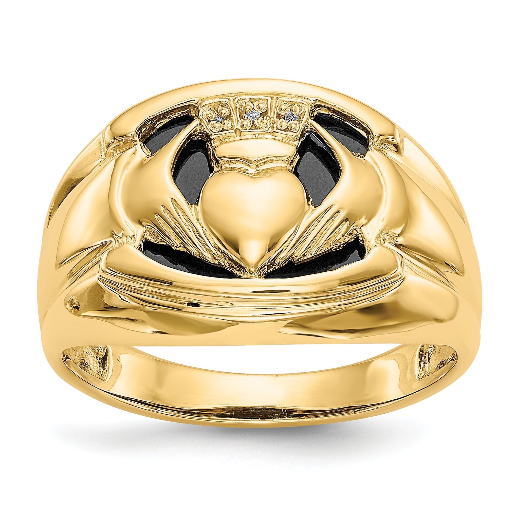 14k AA Diamond and Onyx Mens Claddagh Ring Main image