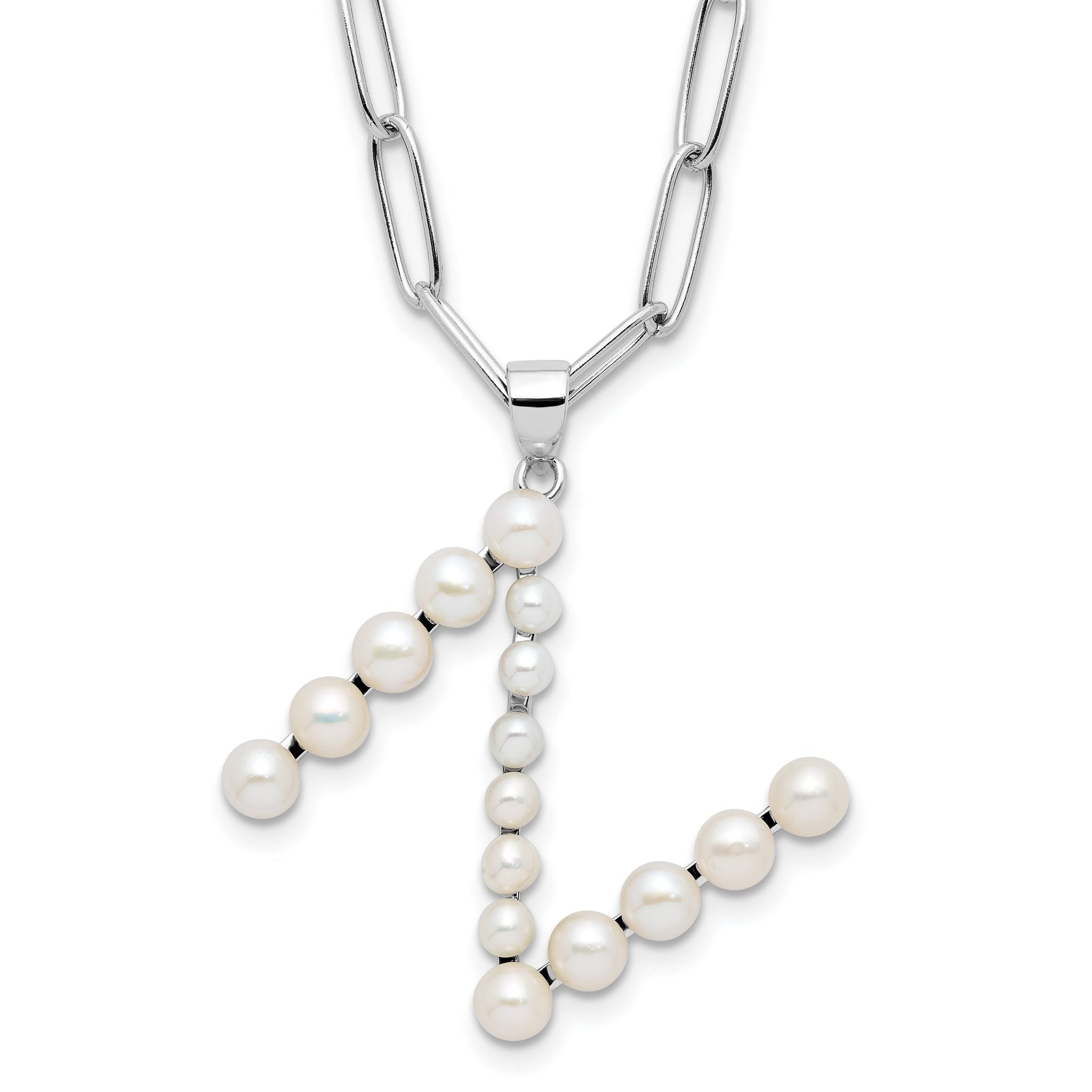 Sterling Silver Rhodium-Rhodium-Plated 3-5.5mm White Button Freshwater Cultured Pearl LETTER N 18 inch Necklace Main image