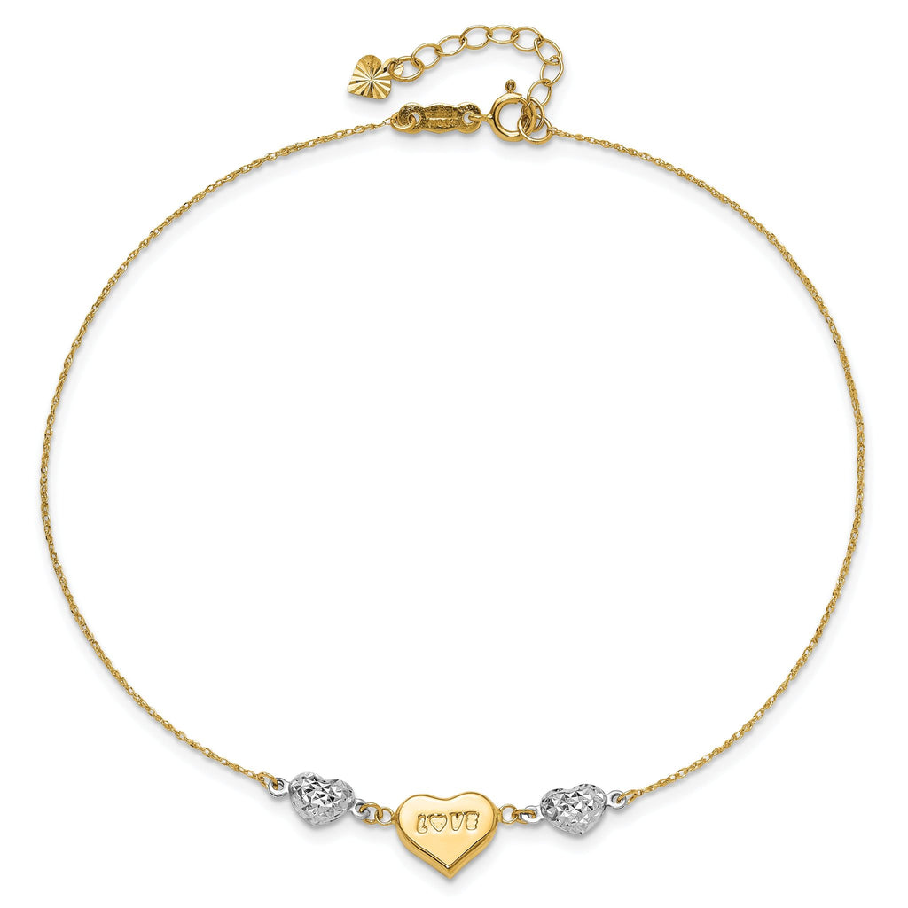 14K Two-tone Diamond-cut and LOVE Puffed Heart 9 inch Plus 1 inch Extender - Total 10 inch Anklet