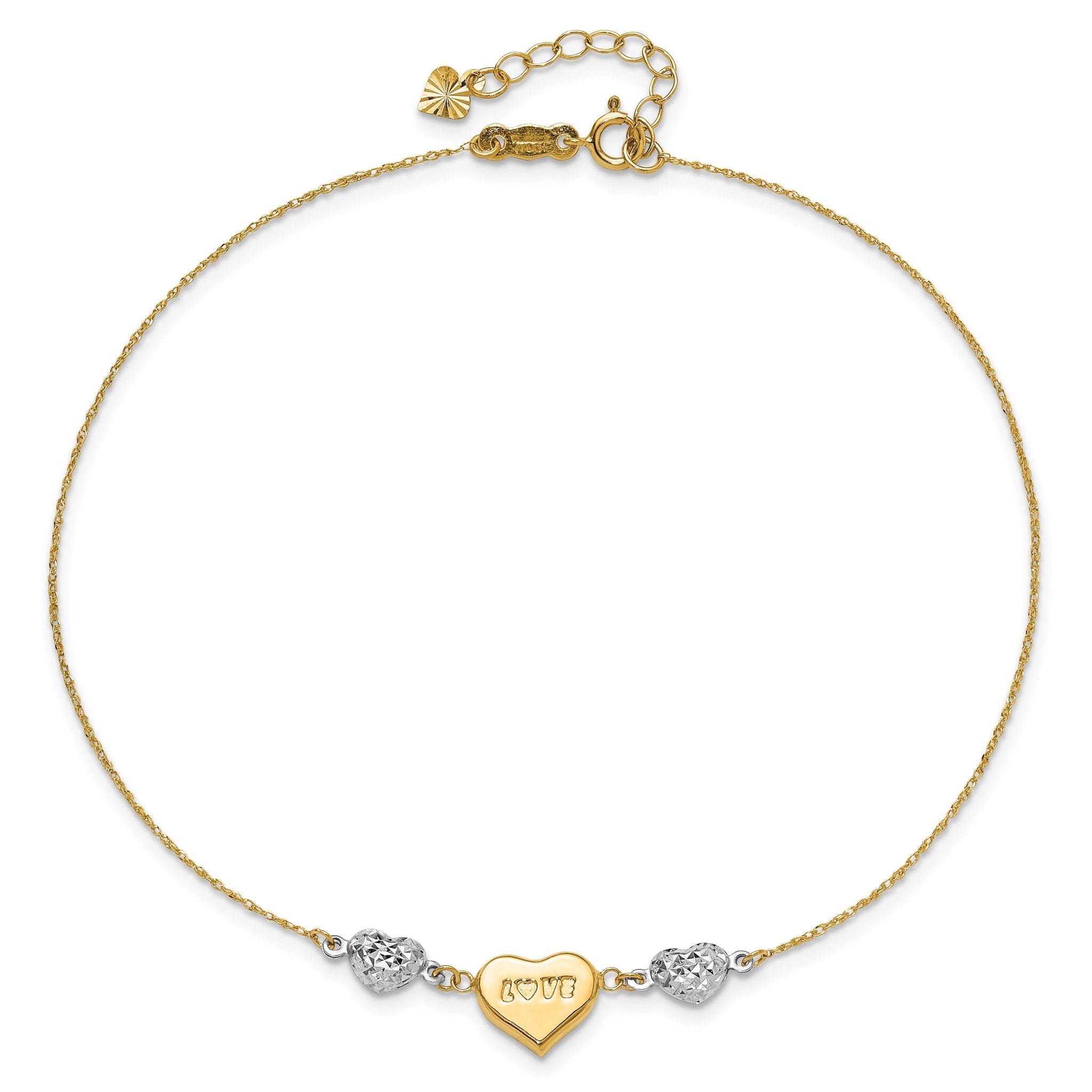 14K Two-tone Diamond-cut and LOVE Puffed Heart 9 inch Plus 1 inch Extender - Total 10 inch Anklet