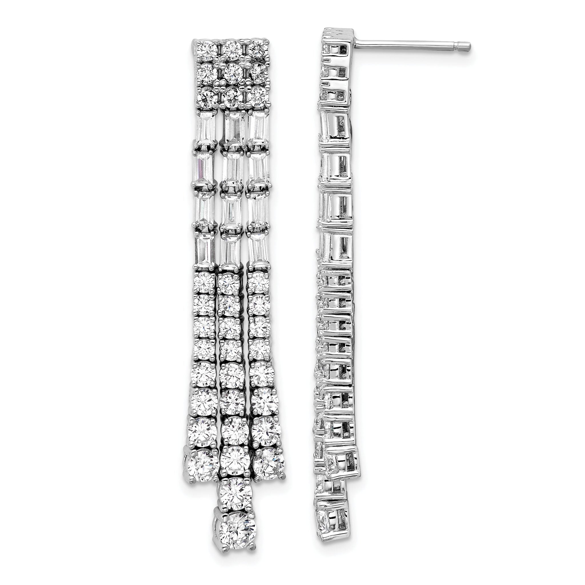 Cheryl M Sterling Silver Rhodium-plated Polished Fancy 3-Row CZ Post Dangle Earrings Main image