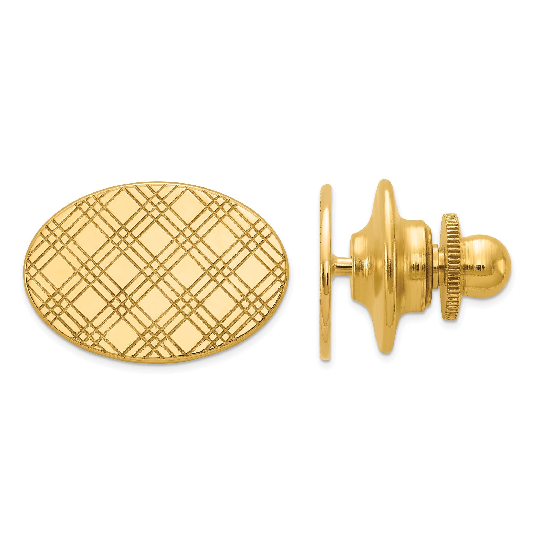 14K Gold Men's Checkered Oval Tie Tac with Polished Grooved Design Main image