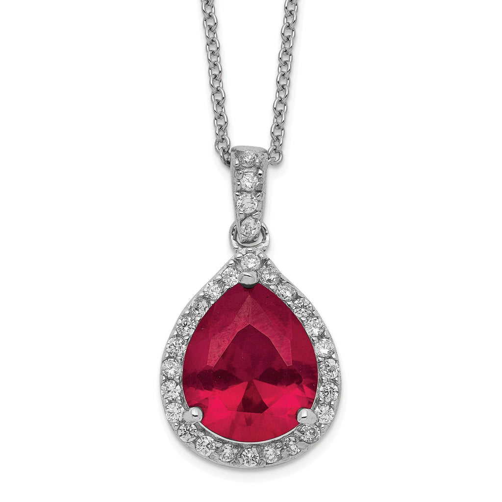 Cheryl M Sterling Silver Rhodium-plated Brilliant-cut Lab Created Ruby and Brilliant-cut White CZ Teardrop Halo 18 Inch Necklace
