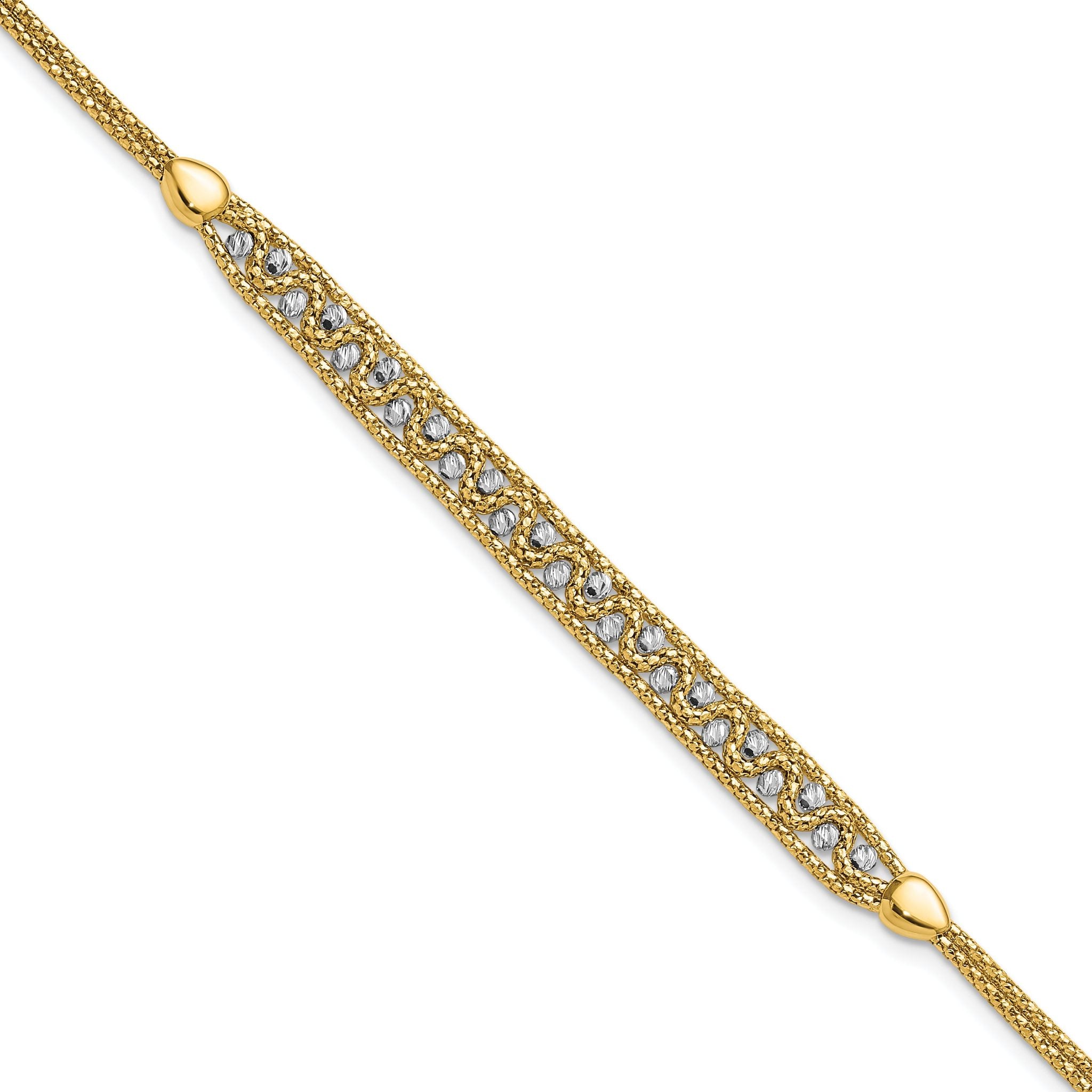 14k Two-Tone Textured Diamond-cut 7mm Beaded 7.5 inch Bracelet Plus 1 inch Extender Main image