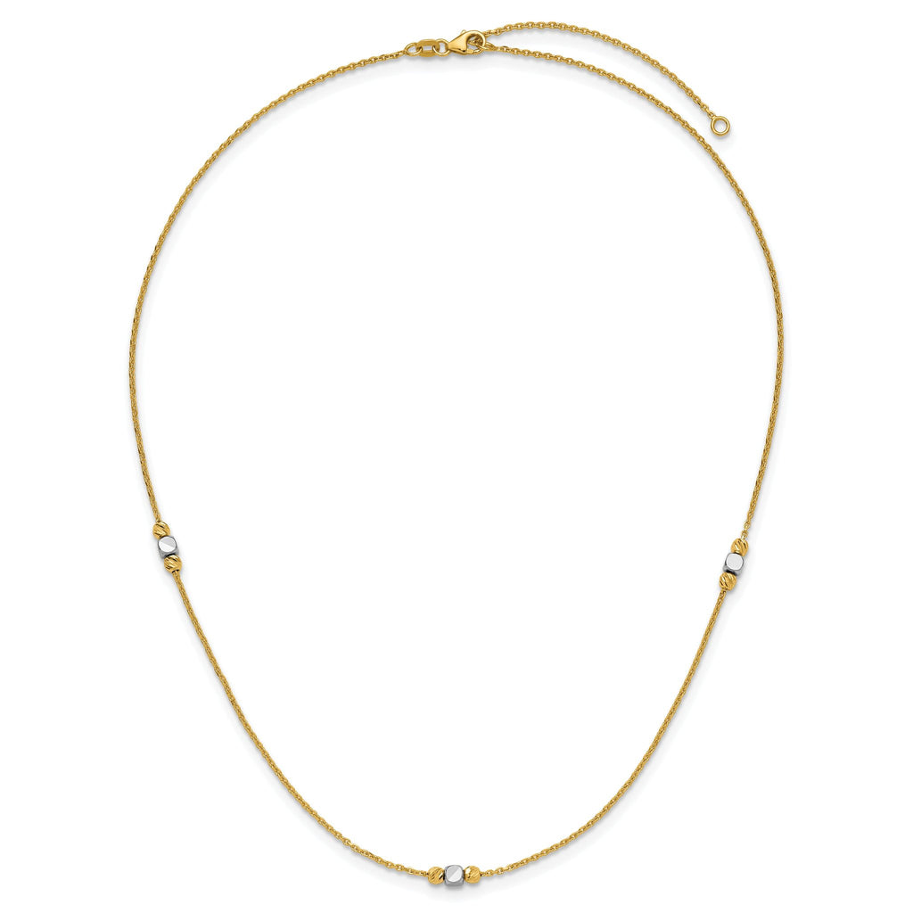 14K Two-tone Polished / Dia-cut Beads w/2in ext. Necklace