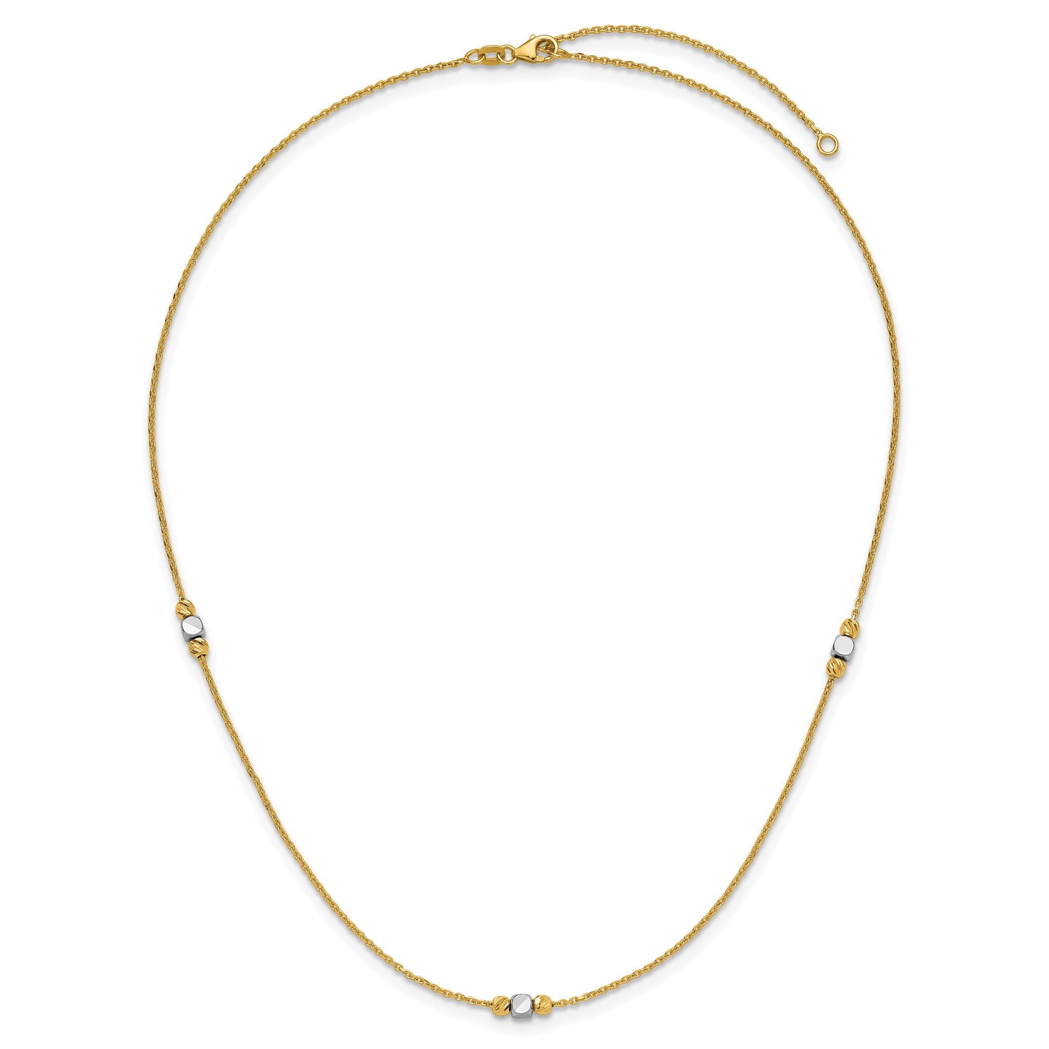 14K Two-tone Polished / Dia-cut Beads w/2in ext. Necklace