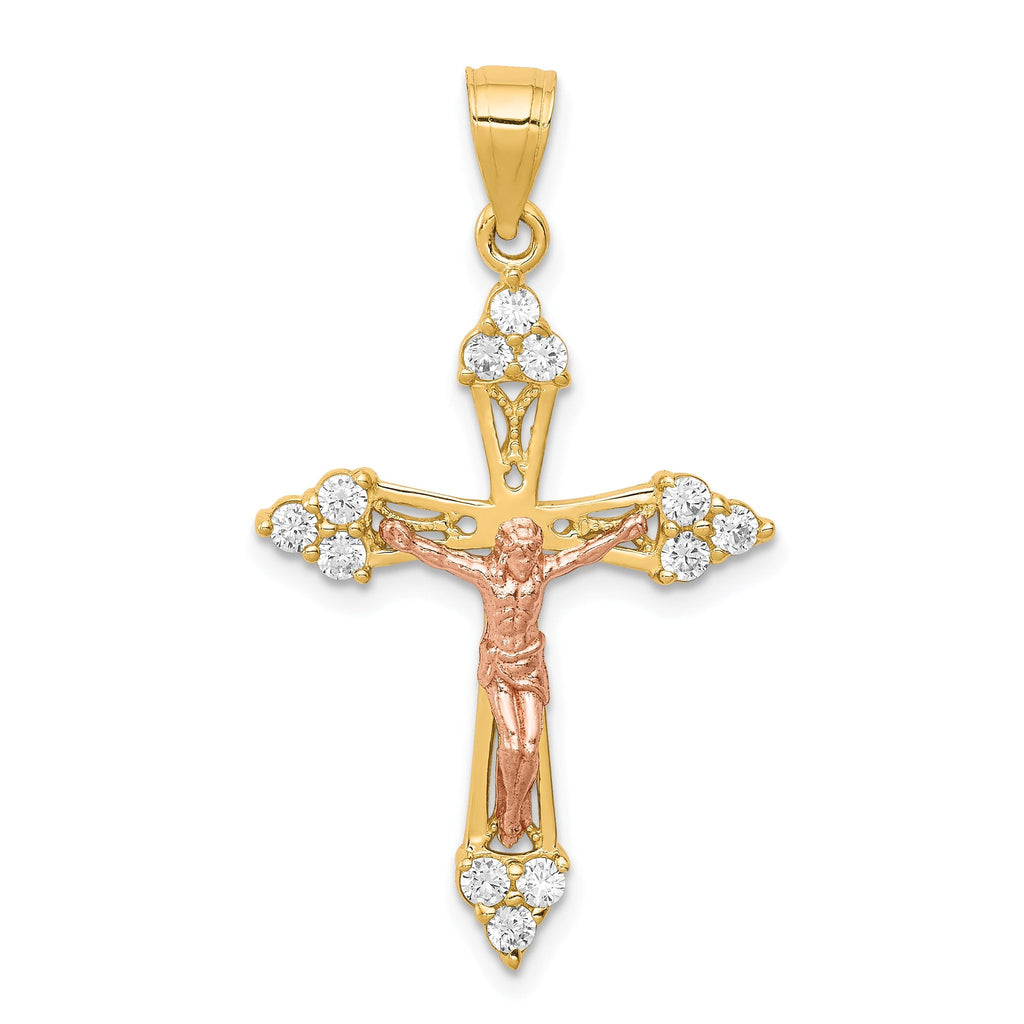 10K Two-Tone Gold CZ Crucifix Pendant with Polished Finish