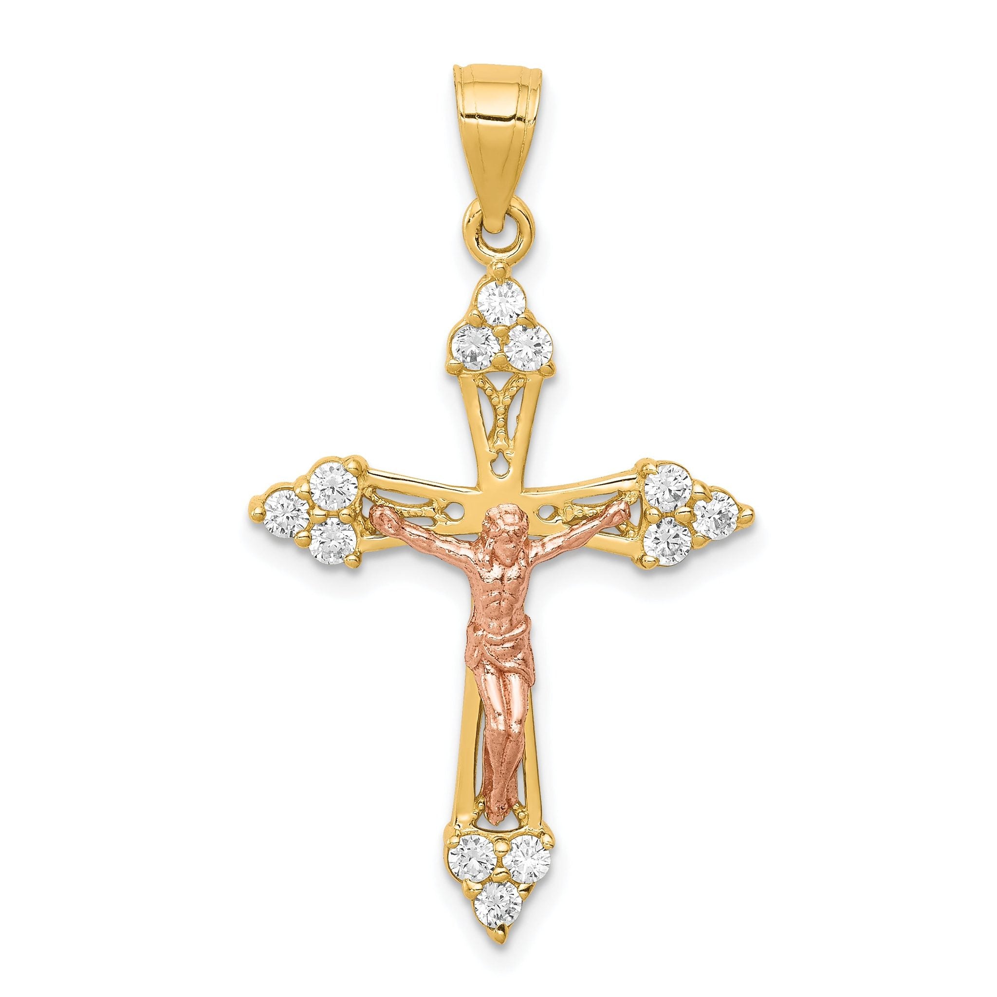 10K Two-Tone Gold CZ Crucifix Pendant with Polished Finish
